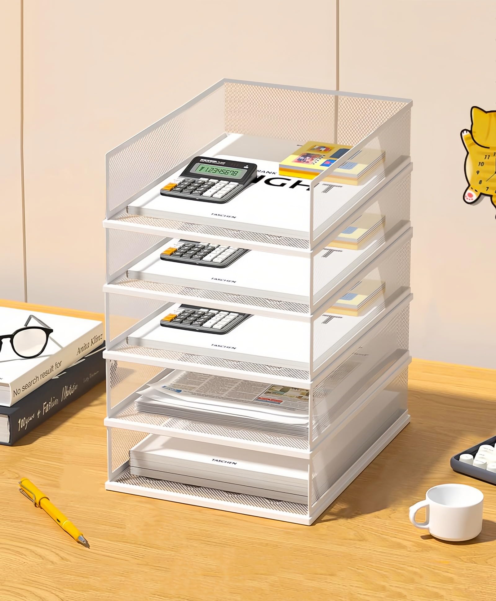 A3 Mesh Desk File Organizer, Stackable Paper Tray，Desktop Document Sorter, File Storage, 3/4/5-Tier Paper Letter Tray Organizer, Desk Accessories & Workspace, Black (5 Tier-Portrait-White)