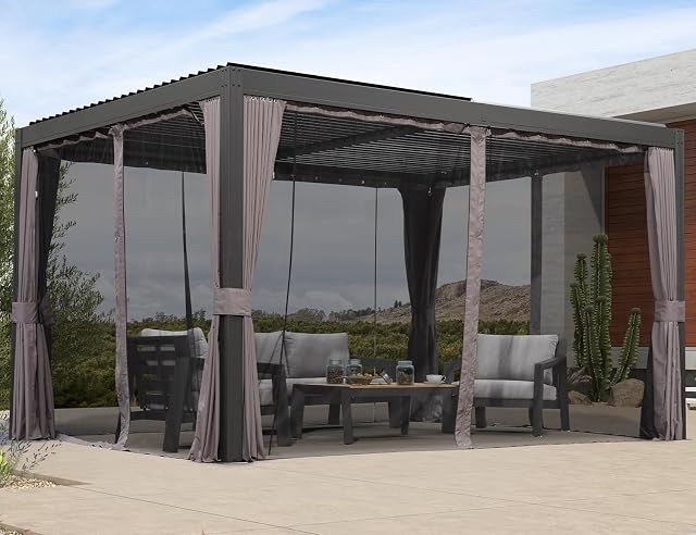 PURPLE LEAF Louvered Pergola 10' X 13'with Adjustable Aluminum Roof Patio Hardtop Gazebo Modern Sun Shade Shelter with Netting and Curtains Courtyard Garden Grey Frame Outdoor Pergola