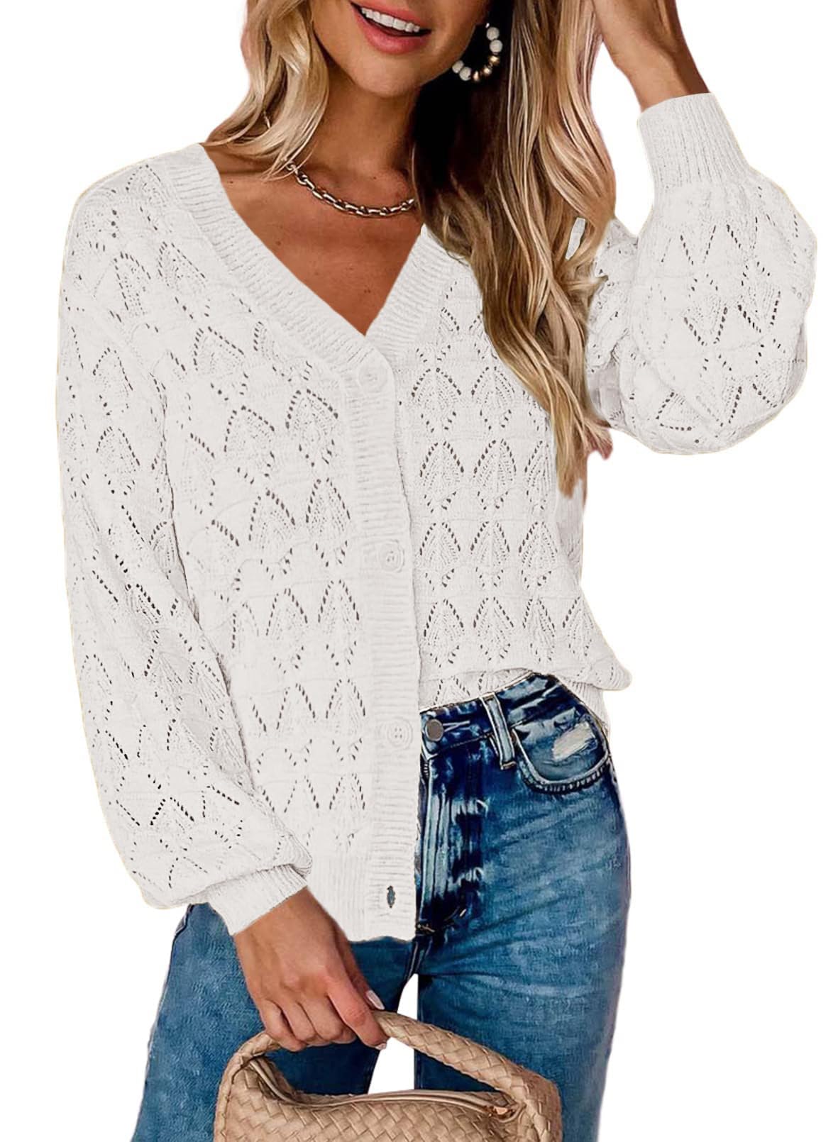 Zeagoo Womens Lightweight Crochet Cropped Cardigan 2026 V Neck Long Sleeve Button up Bolero Shrug Sweater