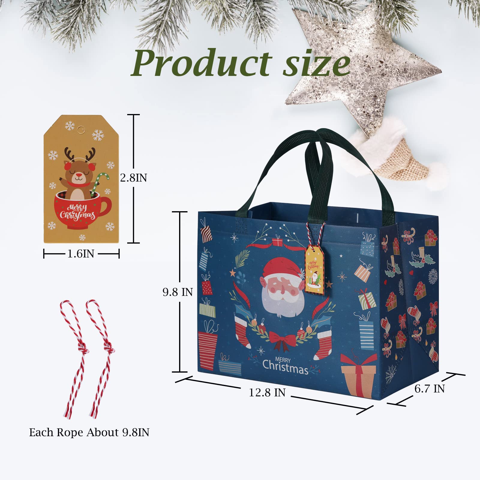 Paquete de 16 bolsas de regalo de Navidad con etiquetas de regalo, tamaño mediano de 12.8 x 9.8 x 6.7 pulgadas con asa, bolsas reutilizables para envolver regalos de Navidad, regalos, compras, fiestas