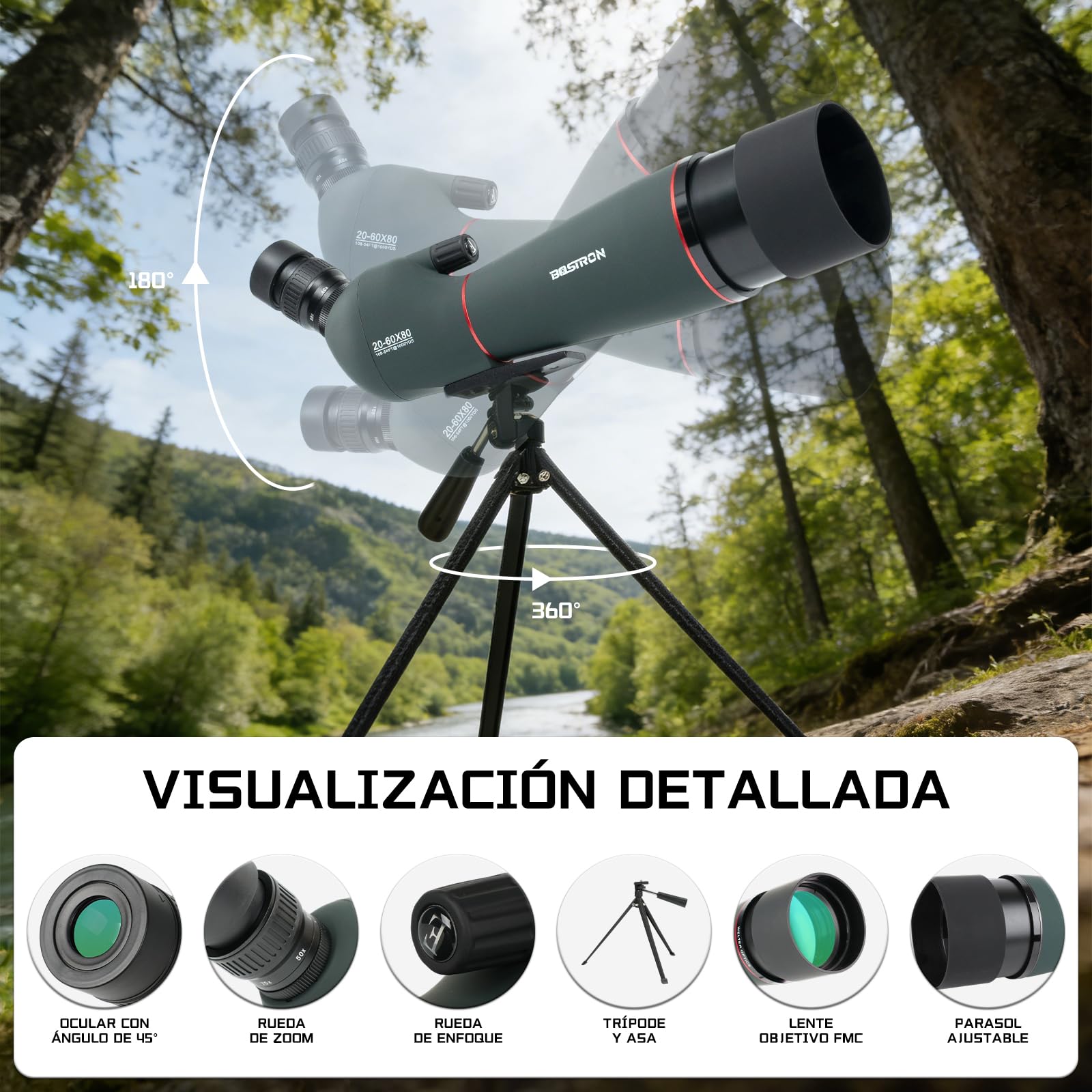 Catalejo Terrestre HD 20-60x80, Lente FMC Verde, Adaptador Móvil + Trípode, Portátil para Observar Aves, Caza y Paisajes