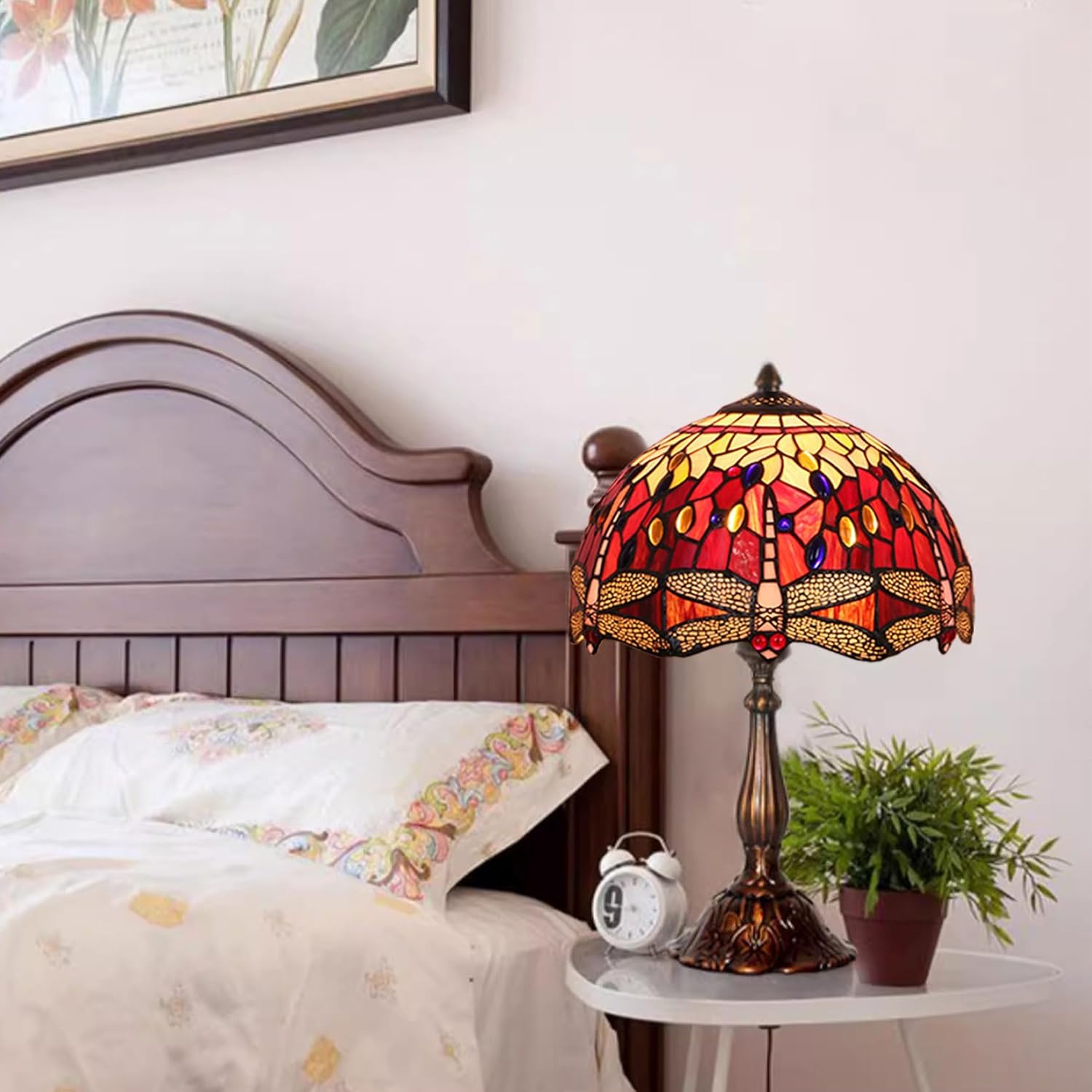 Tiffany Lamp Shade Replacement 12 Inch Red Dragonfly Stained Glass Lampshades Only with Cap Blue Yellow Amber Glass Beads Vintage Light Cover fit for Table lamp Pendant Light Ceiling Fixture