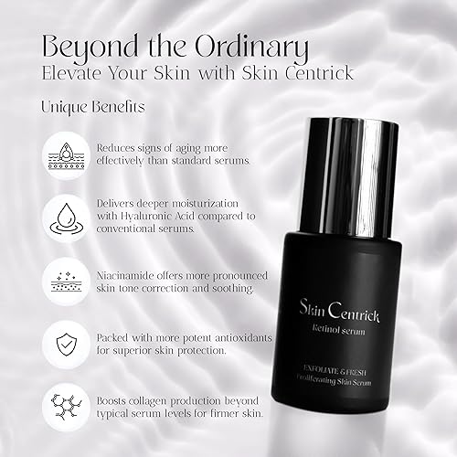 Miniatura 5 de Skin Centrick Suero de retinol - Fórmula avanzada con ácido hialurónico y niacinamida - Exfolia y rejuvenece - Suero nutritivo para uso diario - 1