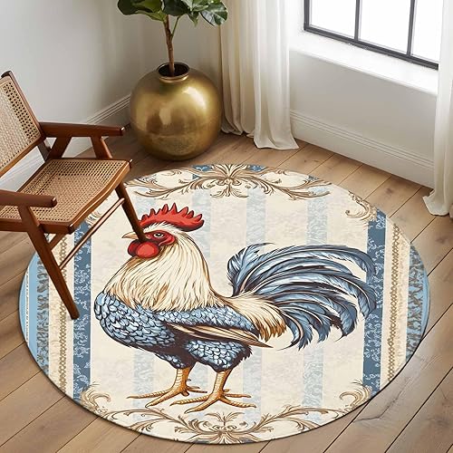 Miniatura 3 de 7ft Round Rug, Retro Rooster Non-Skid Rubber Backing Large Area Rugs - Living Room Bedroom Home Office, Striped Farmhouse Watercolor Animals Indoor