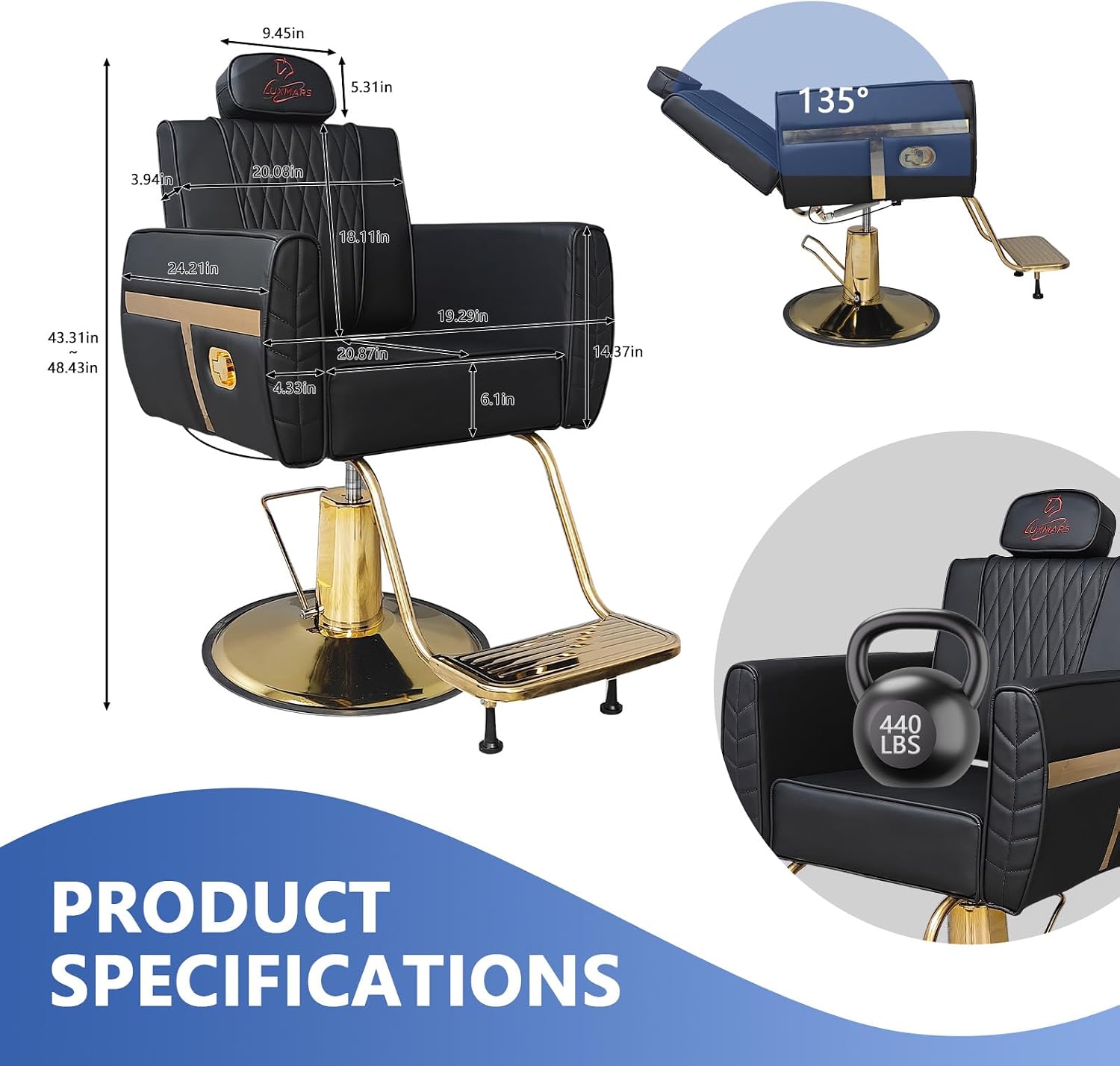Reclining Barber Chair,Ergonomic Styling Chair with a Wider,Thicker Seat,Heavy-Duty Hydraulic Salon Chair with Removable Headrest,550 LBS Capacity Swivel Chair for Barbershop (Black)