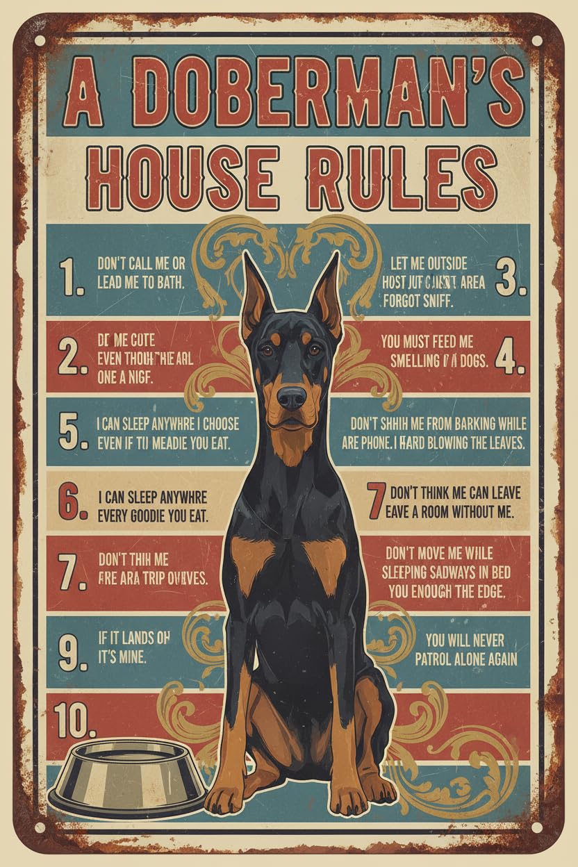 A Doberman's House Rules Dog Lover Tin Sign, 8x12 Inch