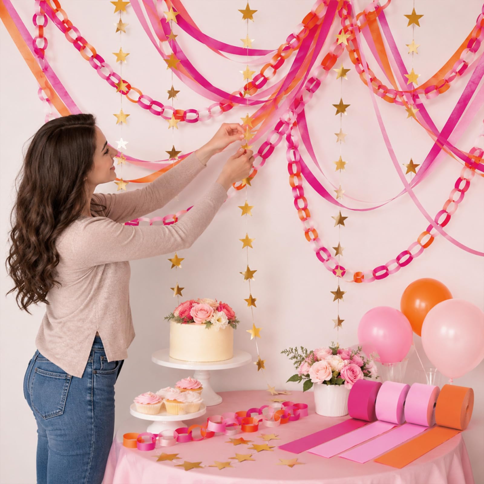 JarThenaAMCS Krepppapier-Luftschlangen und goldene Sterngirlanden, 150 m, 300 Stück Papierketten, Streifen, hängende Banner, Dekoration für Hochzeit, Geburtstag, Party, Dekoration, Basteln, 150 m