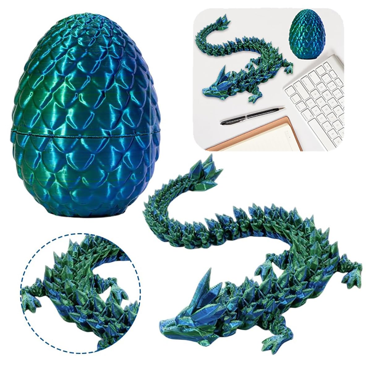 Dragon imprimé en 3D dans un œuf, dragon articulé avec œuf de dragon en cristal, jouets de dragon flexibles colorés et nacrés, articulations flexibles mobiles, œufs de dragon avec dragon à