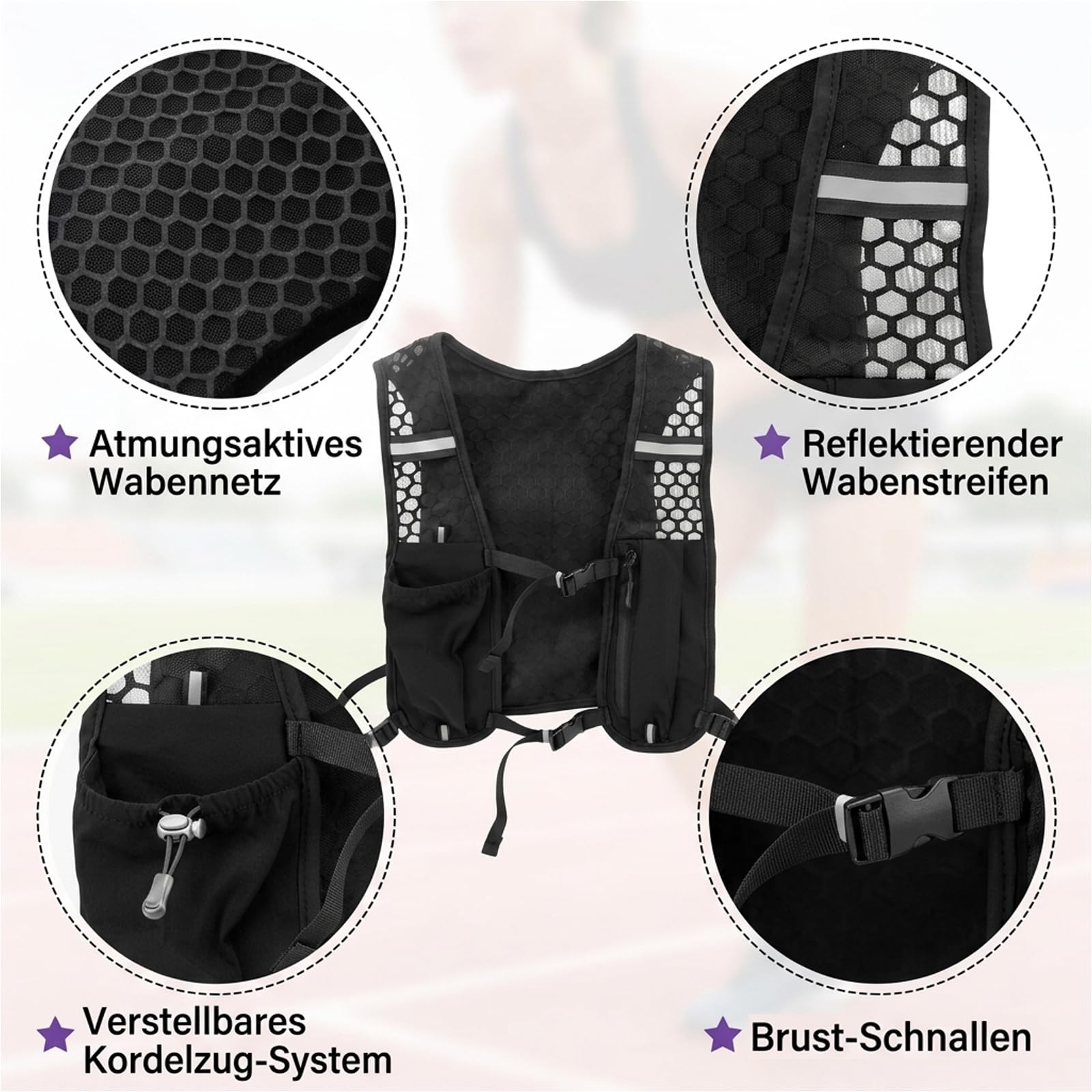 Laufweste Damen & Herren, Jogging Weste, Running Vest für Outdoor Sport, Jogging Rucksack mit praktischem Stauraum, Atmungsaktives Design für Laufen und Radfahren