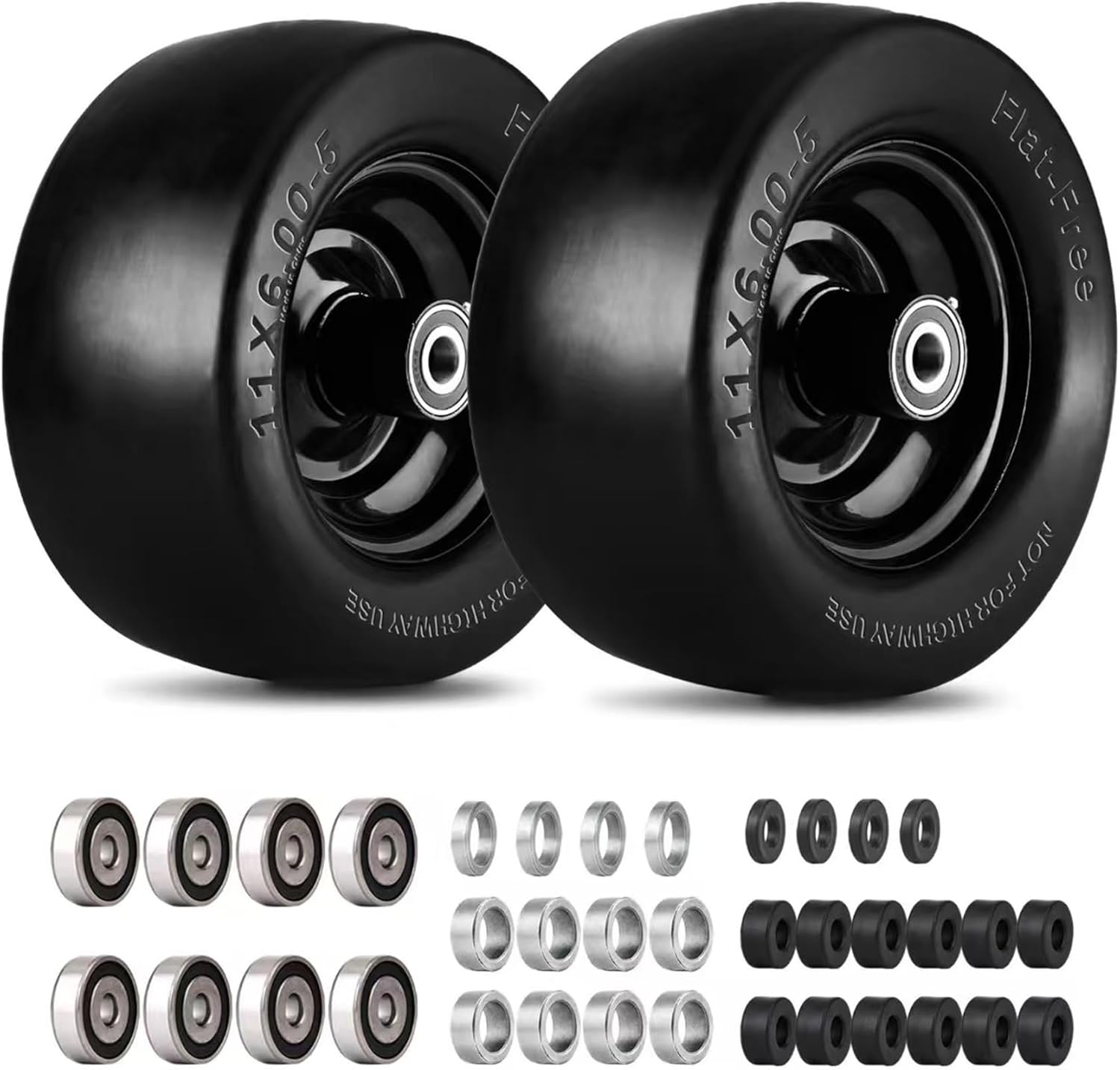 11x6.00-5 Flat Free Tire,with 3/4" or 5/8" and 1/2" Bearings, 6"- 8" Centered Hub, 11x6-5 Tires for Zero Turn Mower, Load 400lbs,Upgraded Large Bearing,More Durable