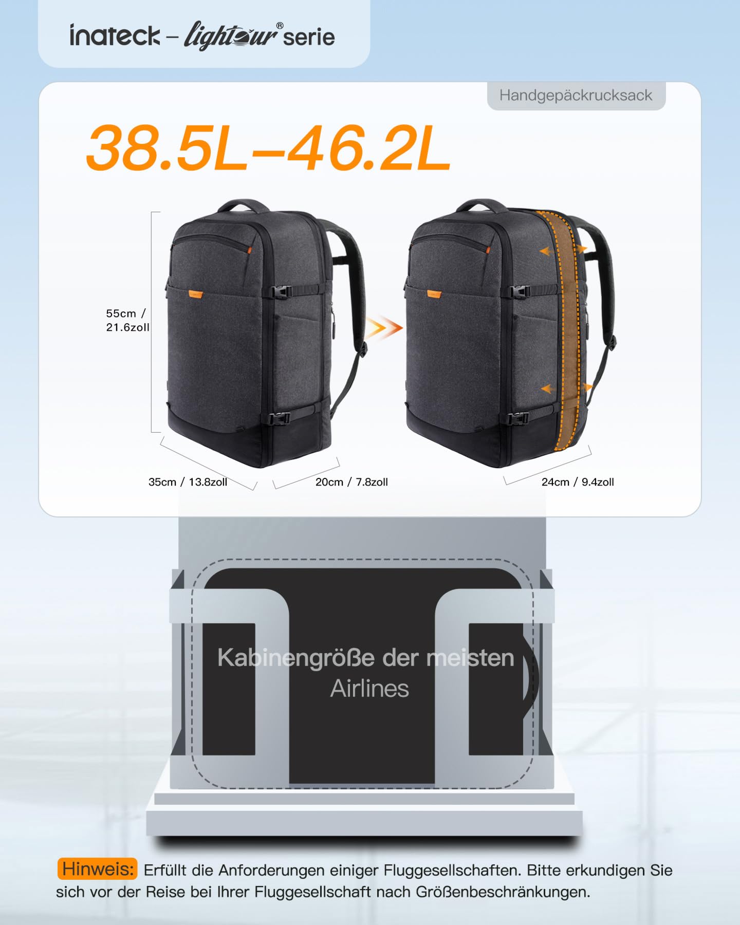 Inateck 38.5-46.2 L Reiserucksack erweiterbarer Herren Damen Handgepäck Flugzeug Rucksack, 15.6 Zoll Laptop Rucksack spritzwassergeschütztes Carry on Kabinenrucksack für Weekender