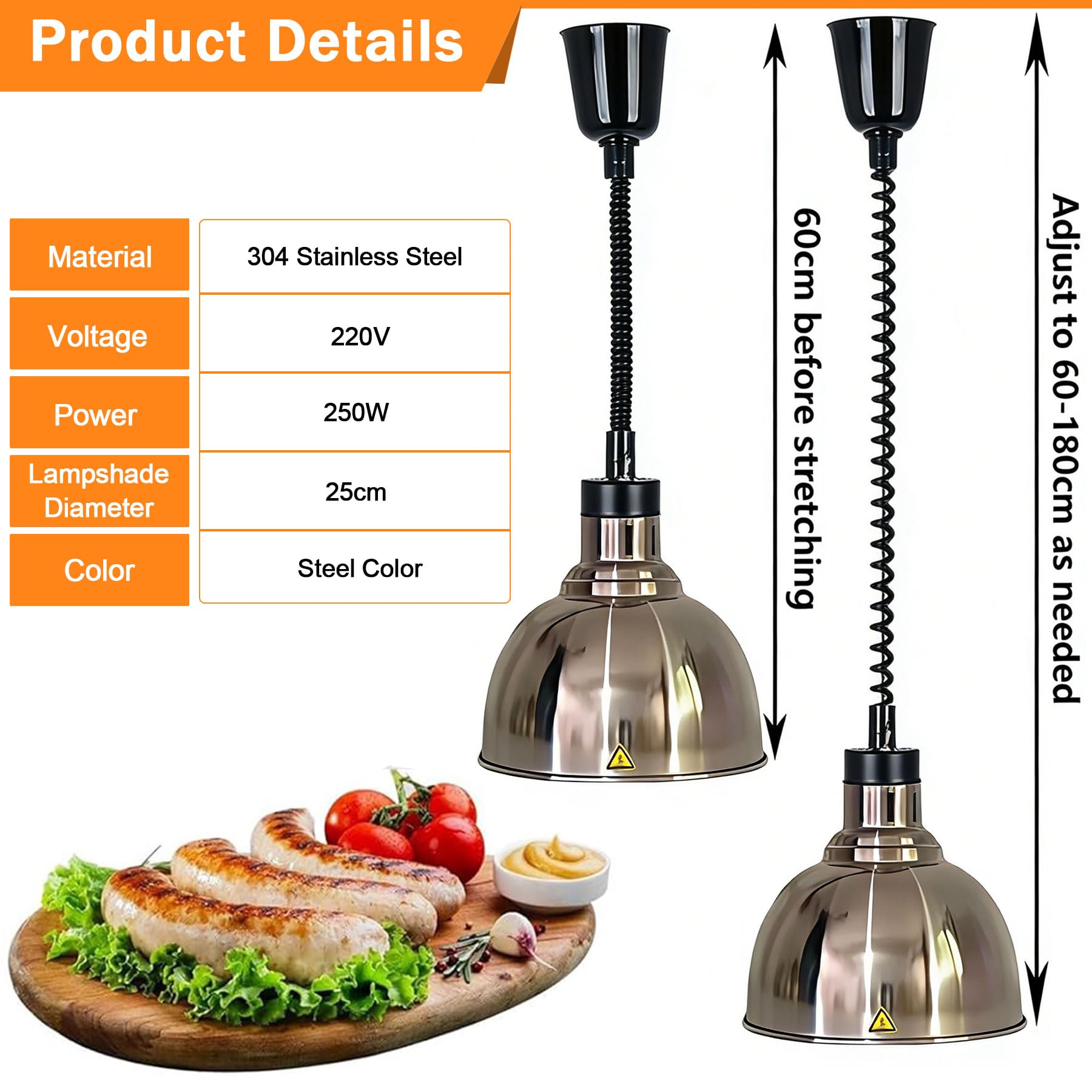 Lampade Riscaldanti Cucina, 250W Lampada Riscaldante per Alimenti Sospeso, 25 cm Commerciale Lampada Scaldavivande Ristorante Regolabile per Buffet e Hotel (B, 1 pcs)