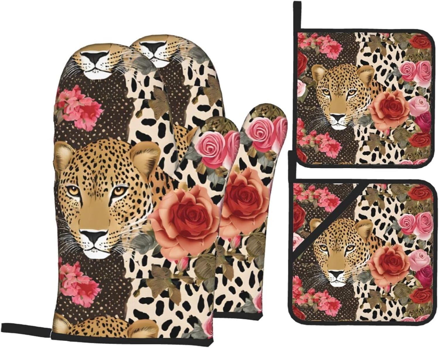 (Striped Leopard) Baking 4-Piece Set: 2 Oven Mitts and 2 Pot Holders Heat Resistant Waterproof Hanging Loop for Kitchen Oven Grill Housewarming Gifts