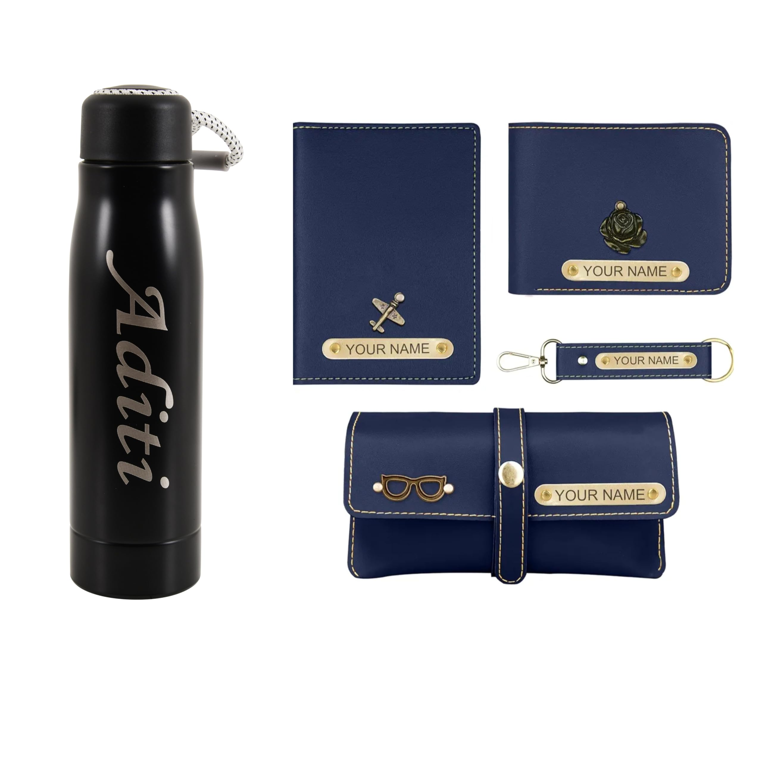 Personalized Engraved Gift Set | Customized Wallet, Passport Holder, Sunglass Cover, Bottle & Keychain | Perfect for Birthday, Anniversary & Office Gifts (Blue)-image-24