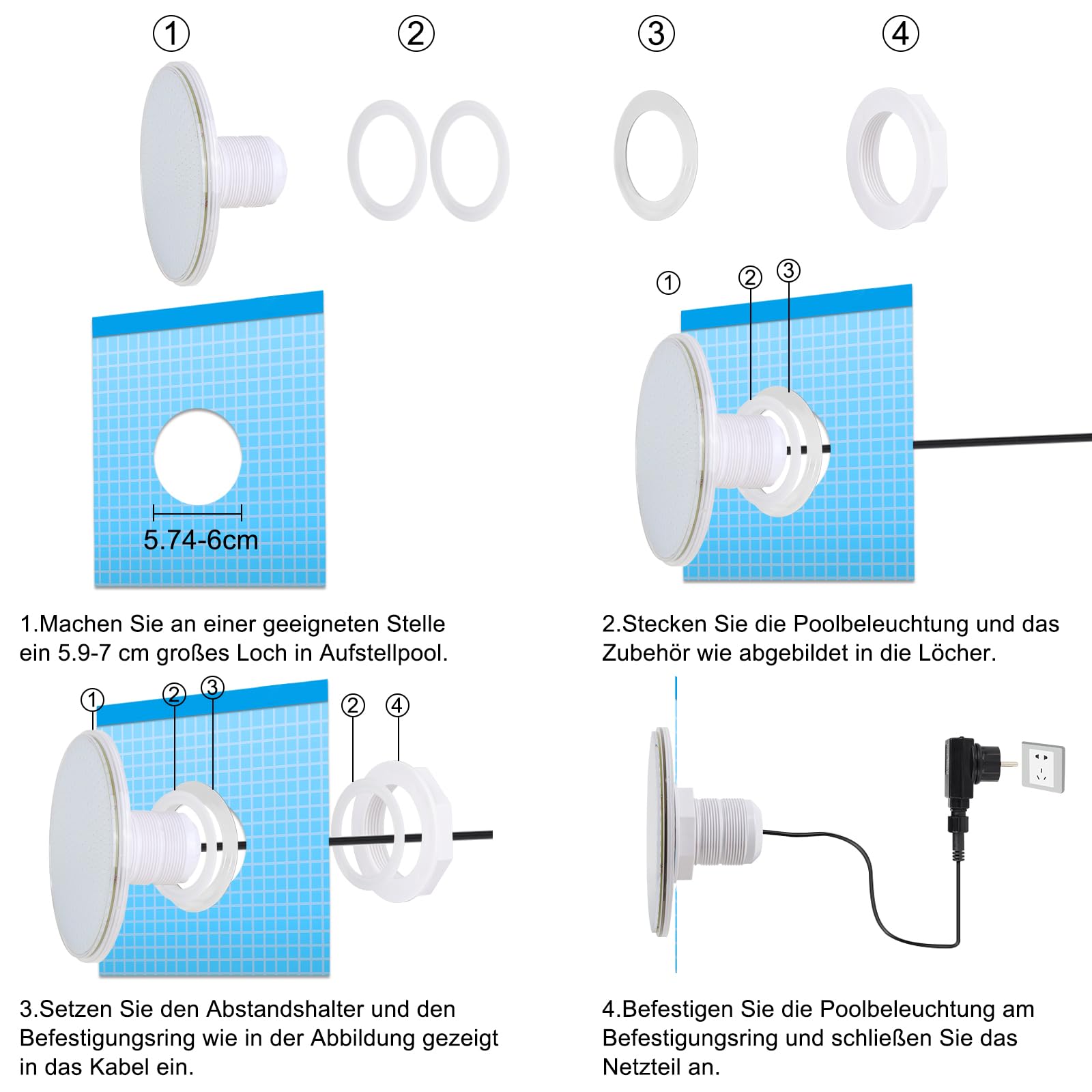 12V 24W Illuminazione LED per piscina, dimmerabile, luce per piscina, per telaio in acciaio e piscina a parete in acciaio, IP68, impermeabile, cavo da 7 m, Bocca ad anello da 2 ¼