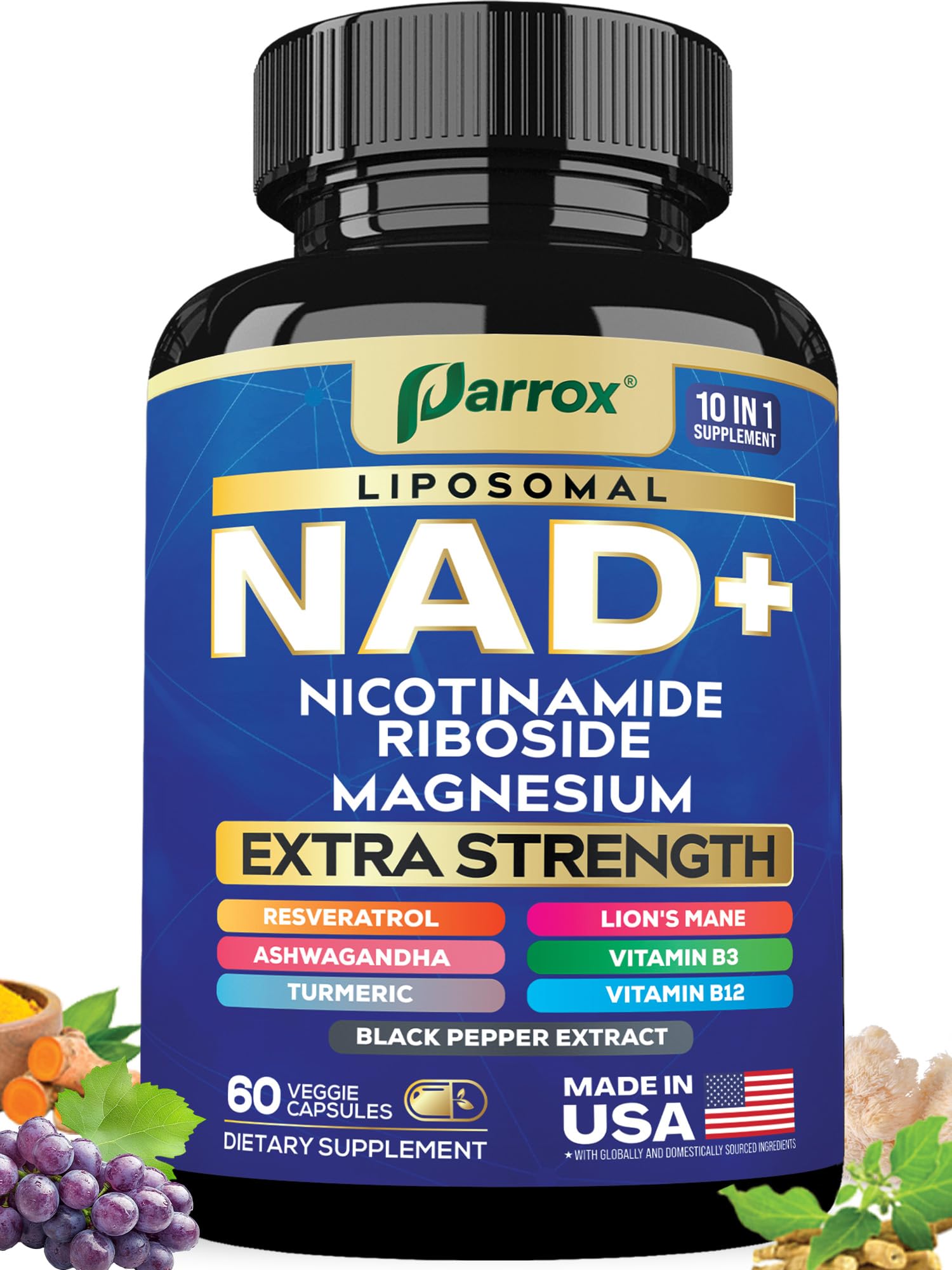 Parrox Suplemento de ribosídeo de nicotinamida lipossomal com resveratrol, magnésio e vitaminas B3 e B12, 60 cápsulas