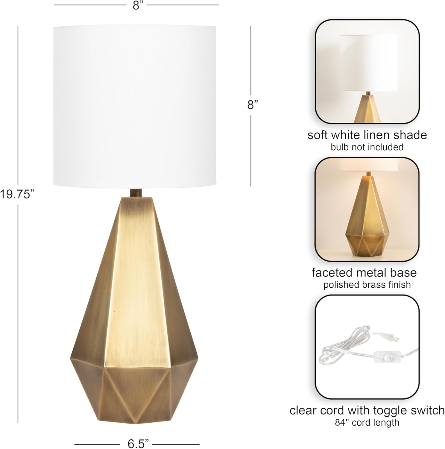Kate and Laurel Marcedes Modern Metal Bedside Table Lamp, 8 x 8 x 20, Antique Brass, Faceted Decorative Tabletop Desk Lamp with Linen Shade for Living Room Decor
