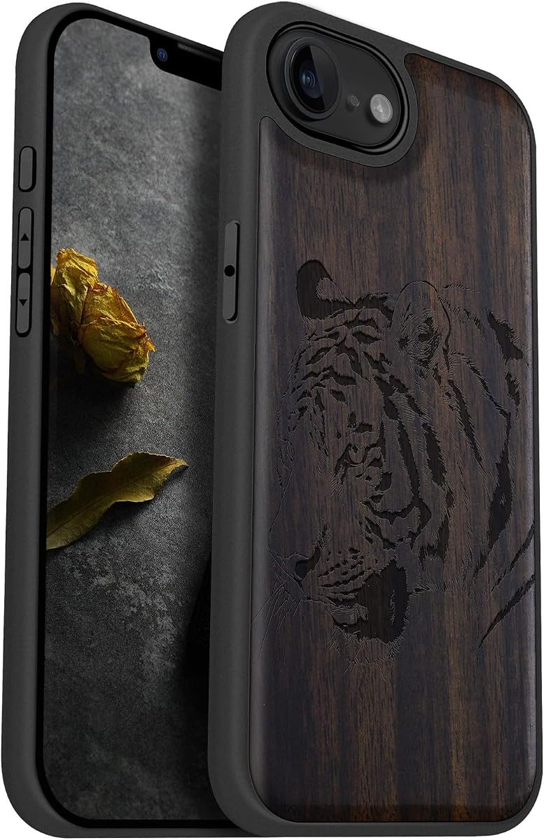 Carveit Wood Case for iPhone 16e/17e, Regal Tiger Portrait, Black | Magnetic iPhone 16e/17e Case Compatible with MagSafe Wireless Chargers, Engraved Wood with Soft TPU Shockproof Bumper