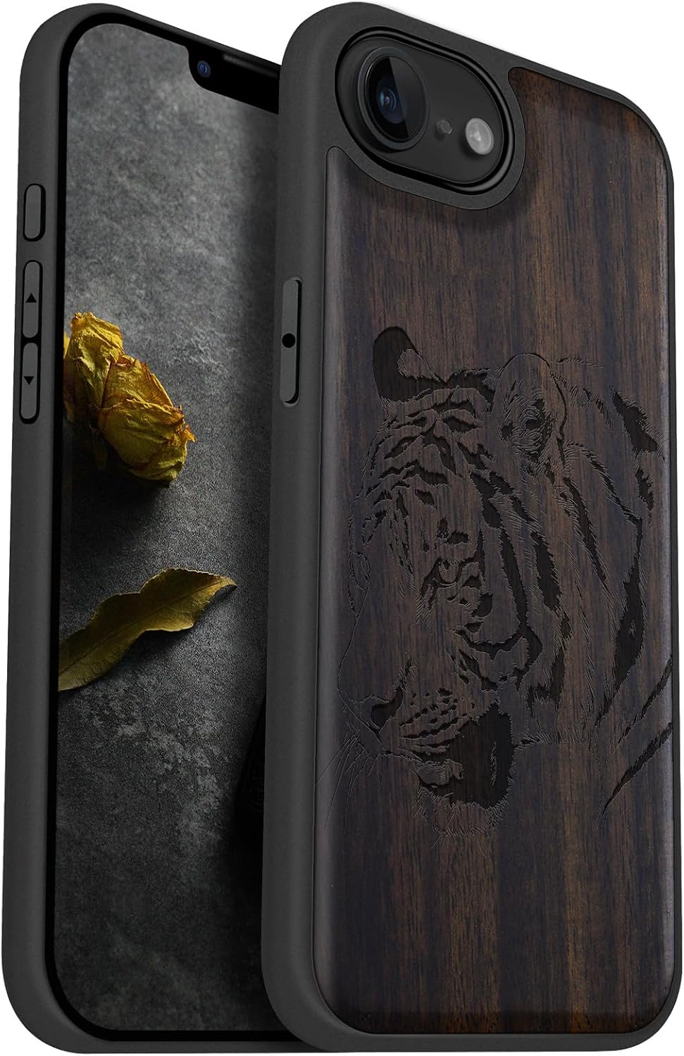 Carveit Magnetic Wooden Case for iPhone 16e / 17e, Solid Wood & Black TPU, Artisan Engraved Design, Shockproof Cover, Compatible with MagSafe Wireless Chargers, Regal Tiger Portrait - Rosy