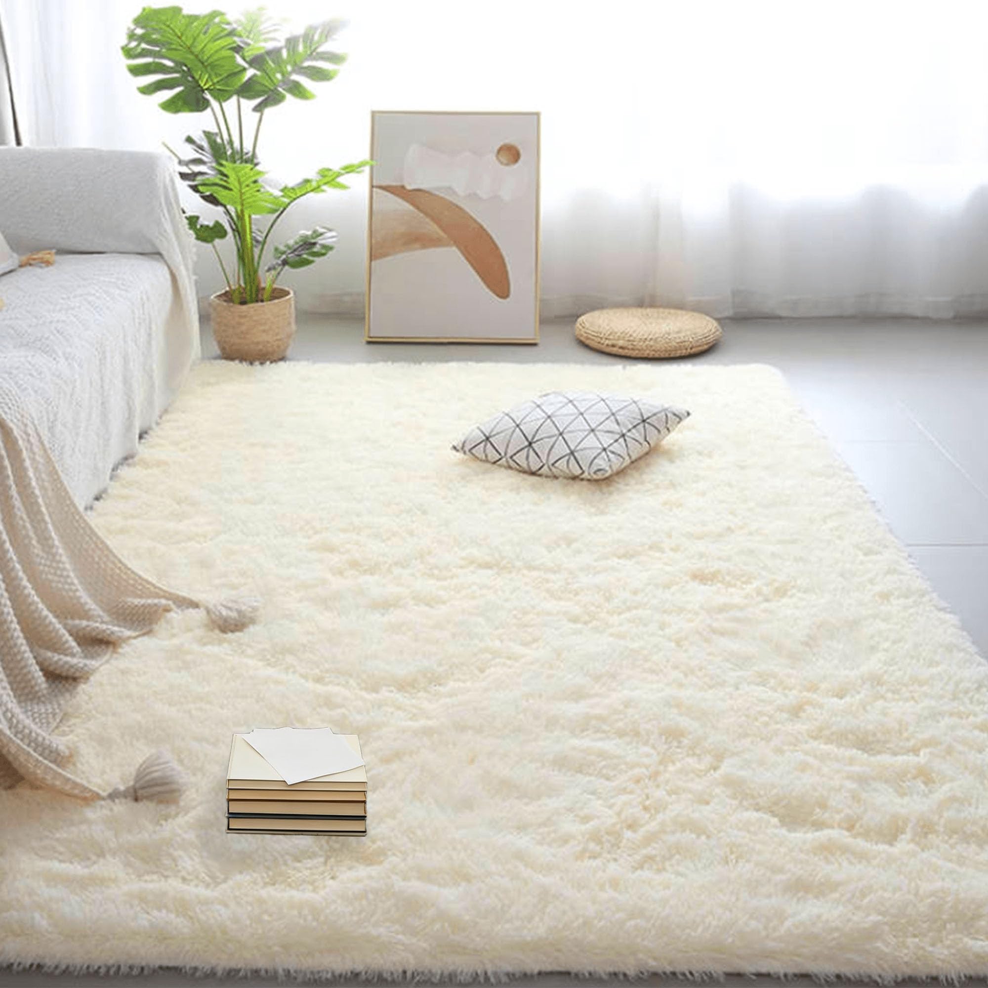 Tapis 360x390 cm crème shaggy et moelleux pour salon familial