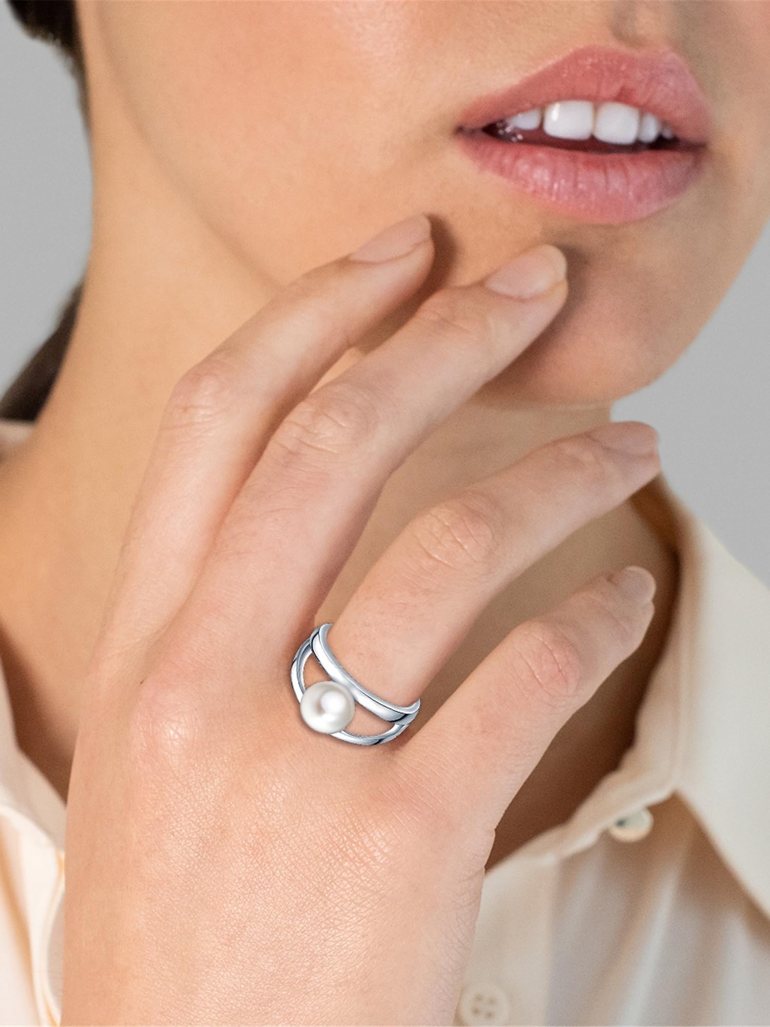 Valero Pearls Damen Perlenring mit Hochwertiger Süßwasser-Zuchtperle | Perlengröße 8-9 mm,Button-Form,weiß,925/- Sterling Silber,Silberring,mit echter Perle,Damenring,geteilte Ringschiene,