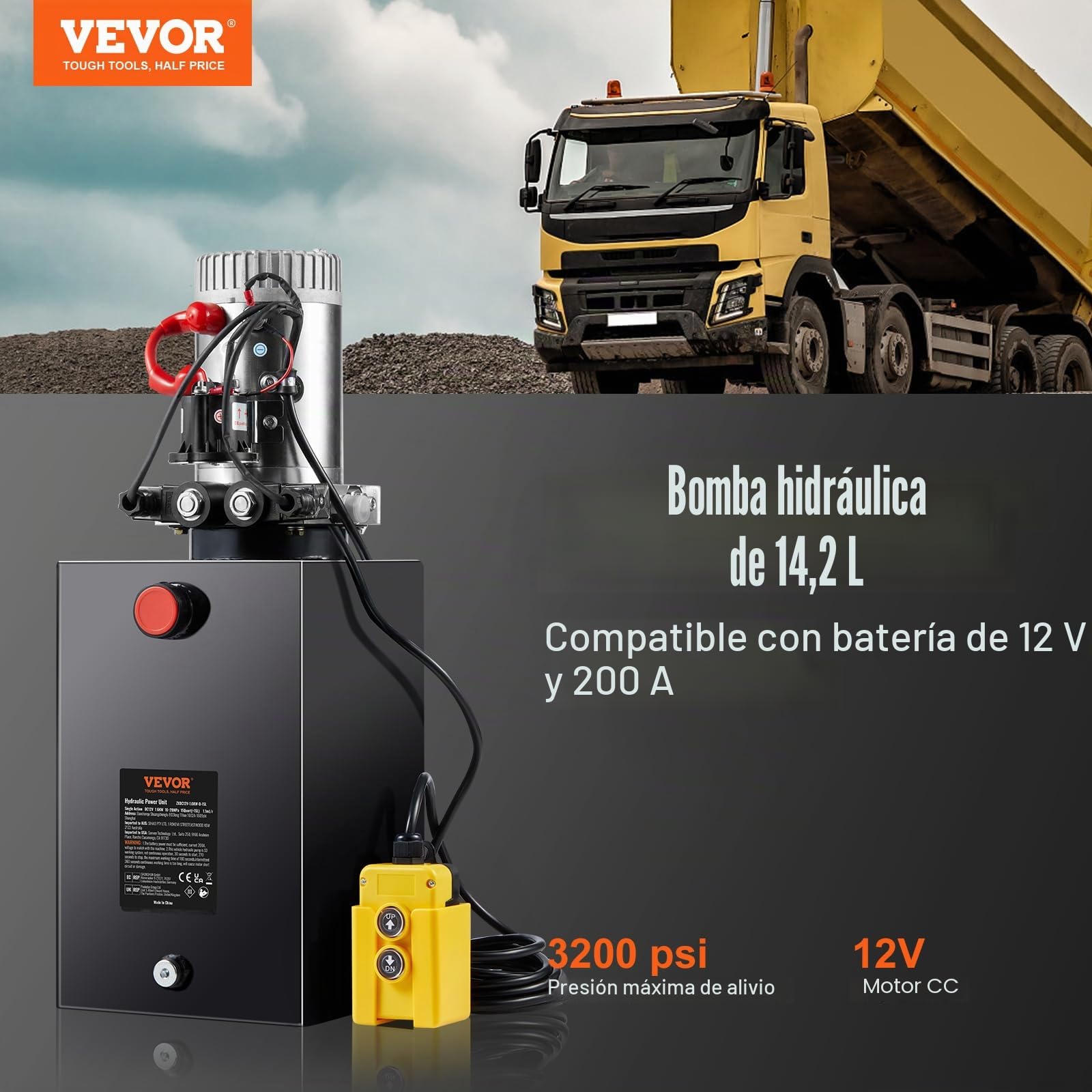 VEVOR Bomba Hidráulica DC 12 V 14 L Unidad Hidráulica de Doble Acción Flujo de Aceite 3,44 L/min Presión Máxima de Descarga 22 MPa para Volquete, Plataforma Elevadora, Remolque, Elevación y Descarga