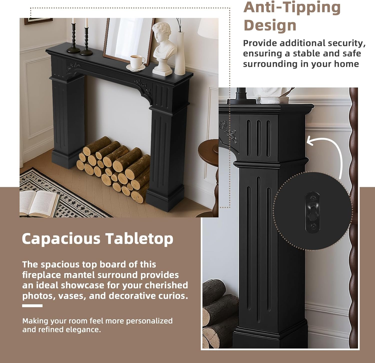 Modern Black Freestanding Fireplace Mantel Surround – Waterproof, Anti-Tipping Premium MDF Mantel with Leg for Living Room Decor