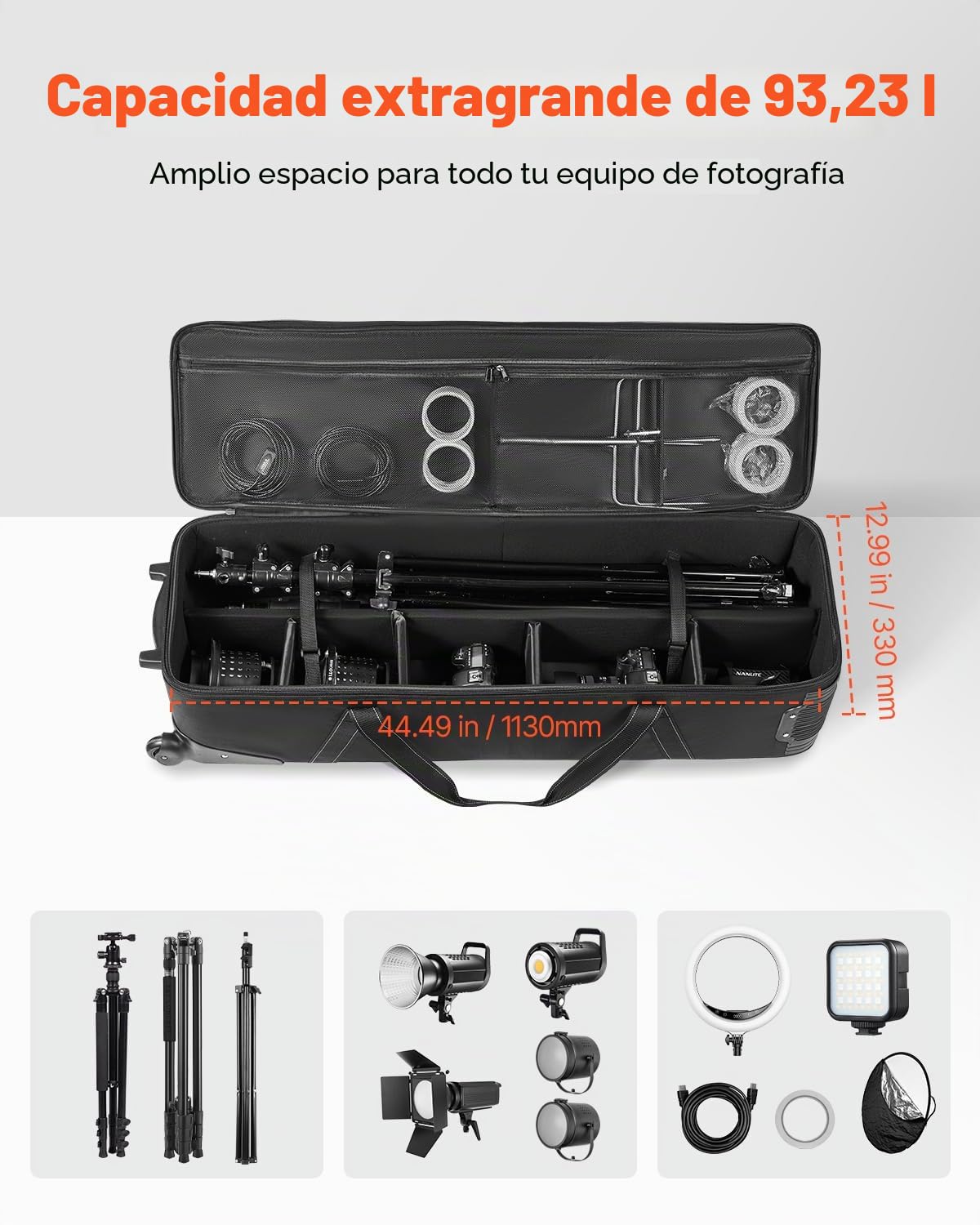 VEVOR Estuche con Ruedas para Equipo de Estudio 118 x 37 x 30 cm, Bolsa con Ruedas para Cámara, Correas, Asa Acolchada en el Compartimento para Soportes de Iluminación, Trípodes y Telescopios, Negro