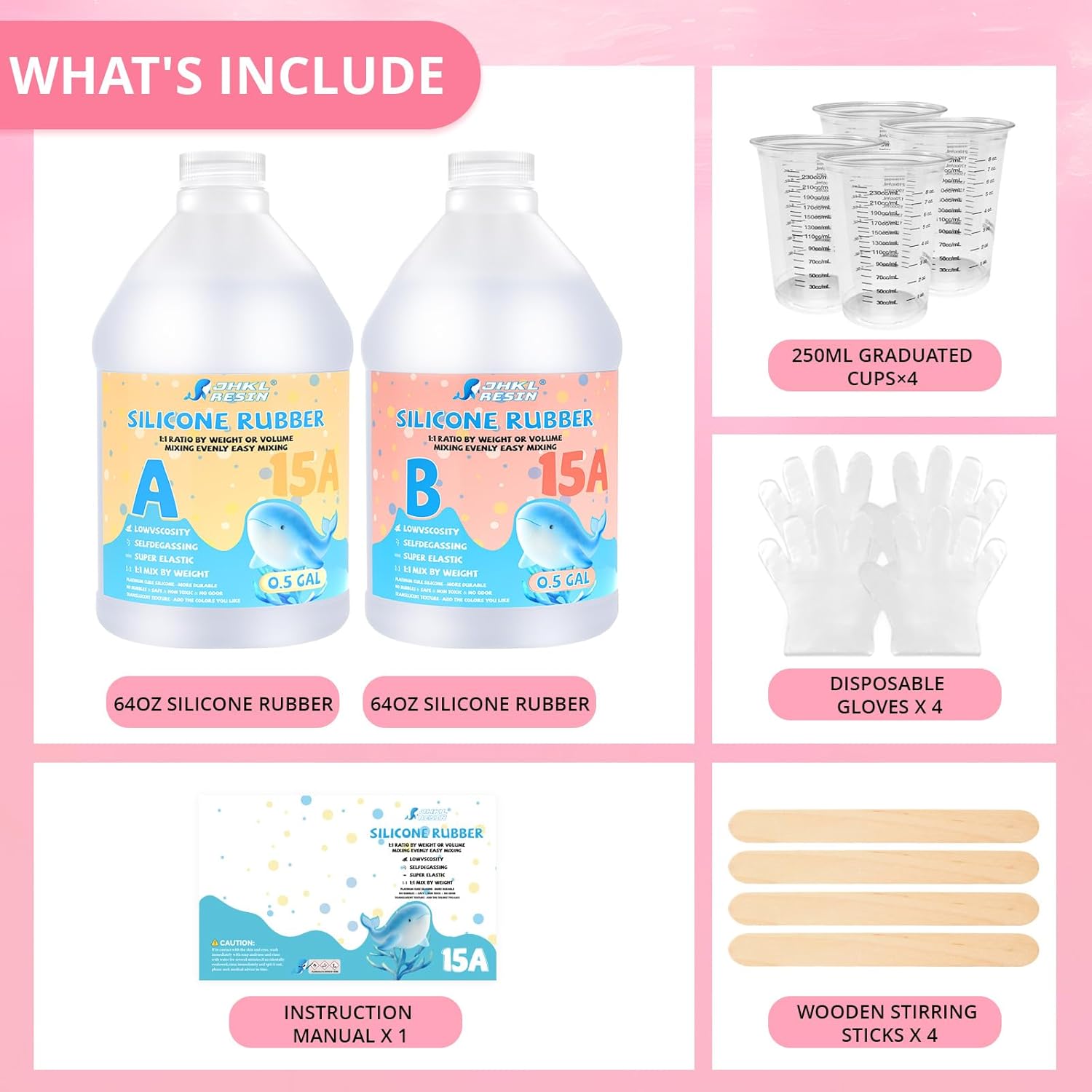 JHKL RESIN Silicone Mold Making Kit,1Gallon Platinum Liquid Silicone Rubber for Mold Maker,15A Silicone Molds,Mix Ratio 1:1 Silicone Rubber Mold Making Kit, Ideal for Casting 3D Resin Molds