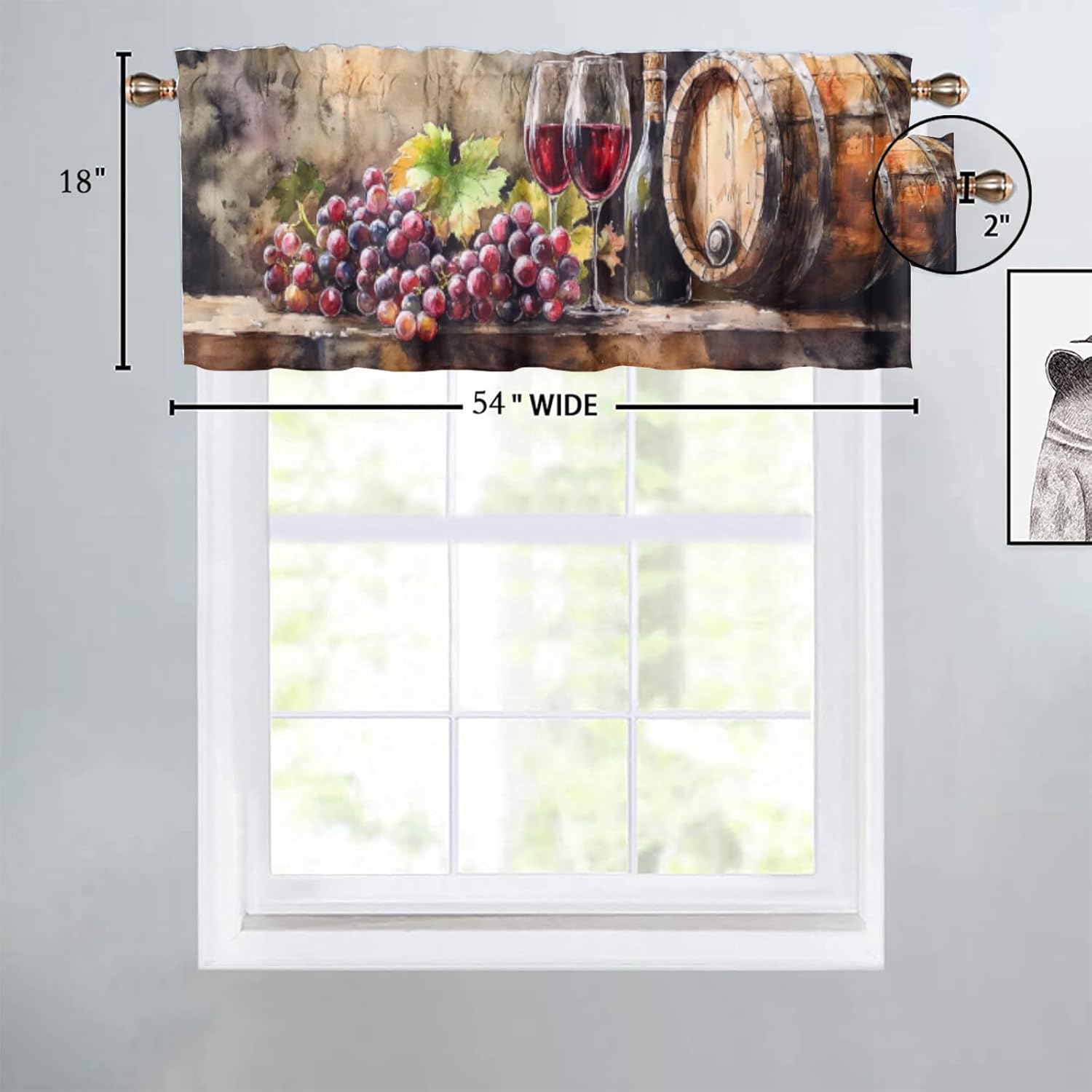 Red Wine, Kitchen Valances for Windows Vintage Abstract Grapes Red Wine Barrel Oil Painting Living Room, Farmhouse, Bedroom, Rod Pocket Curtain Valance 54x18inch(2Pcs)