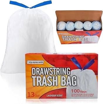 Tall Kitchen Drawstring Trash Bags - Odorshield 13 Gallon White Trash Bag, Lavender Fresh Clean, 100 Count