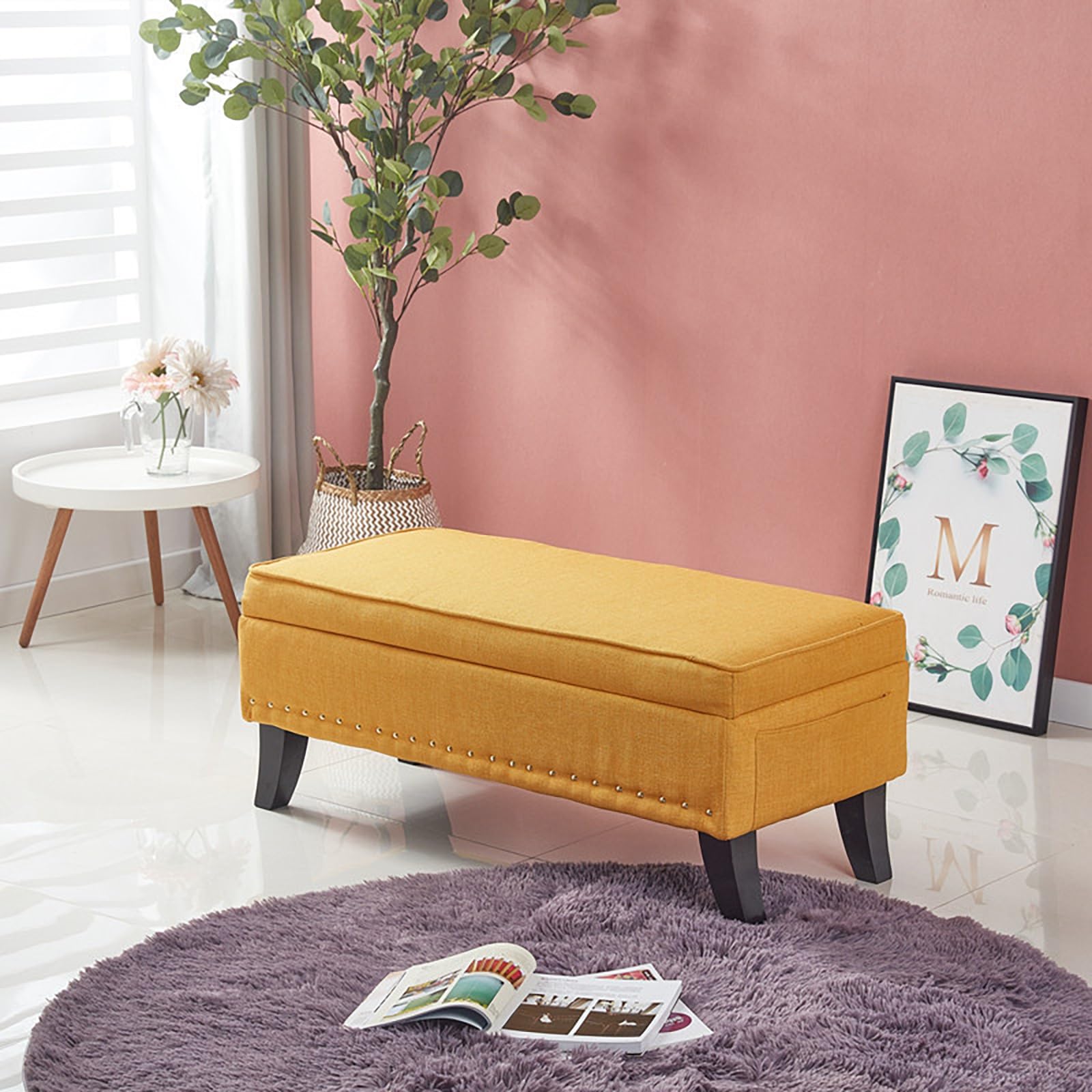 Pouf pour bout de lit jaune abricot 100x45x40 idéal pour optimiser une chambre à coucher