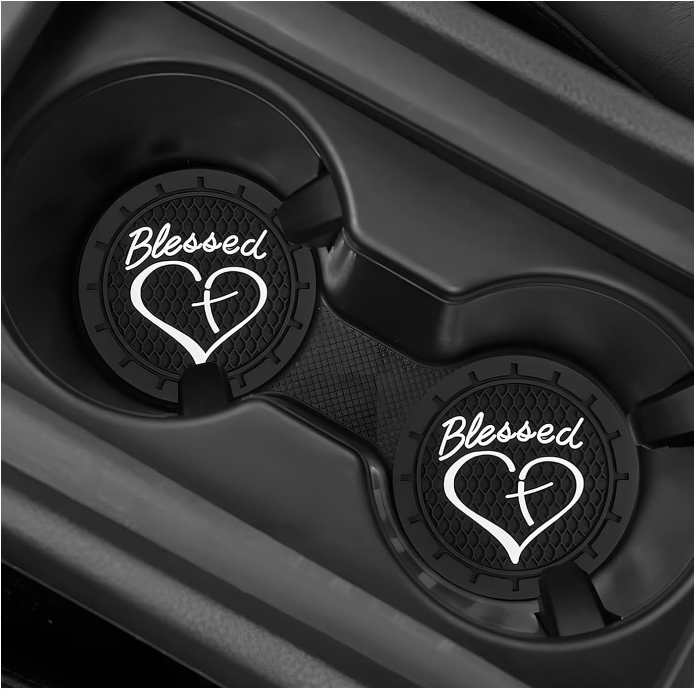 2 PCS Car Cup Holder Coaster, 2.76 Inch Soft PVC Non-Slip Blessed Cross and Heart Christian Car Cup Coasters, Auto Interior Shockproof Insert Drink Mat for Most Vehicles (Black)
