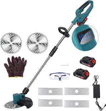 21V Weed Wacker, Electric Weed Mower Cordless Trimmer, Telescopic Rod Home Weed Eater Cutter, Battery Power Rechargeable Handheld Lawn Mower with 2 Batteries, 1 Charger Blue