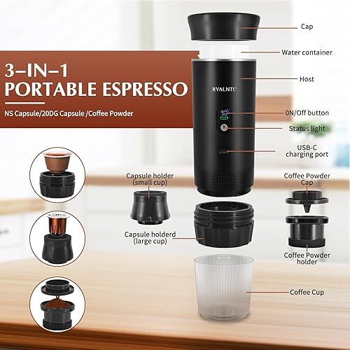 Miniatura 2 de Máquina de café espresso portátil 3 en 1 para viajes y campamentos, cafetera portátil de 20 bares con pantalla LED USB-C, cafetera para automóvil,