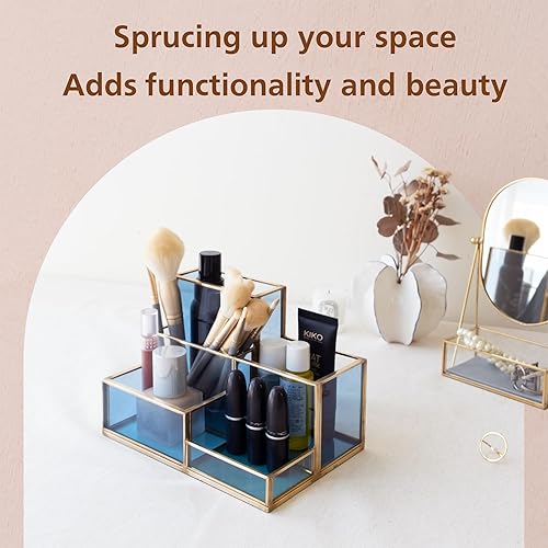 Miniatura 6 de FONDAZZA 5-Compartment Desk Organizer for Home Office Supplies, Gold Brass with Blue Glass, Workspace Storage for Stationery, Cosmetic, Makeup Tools