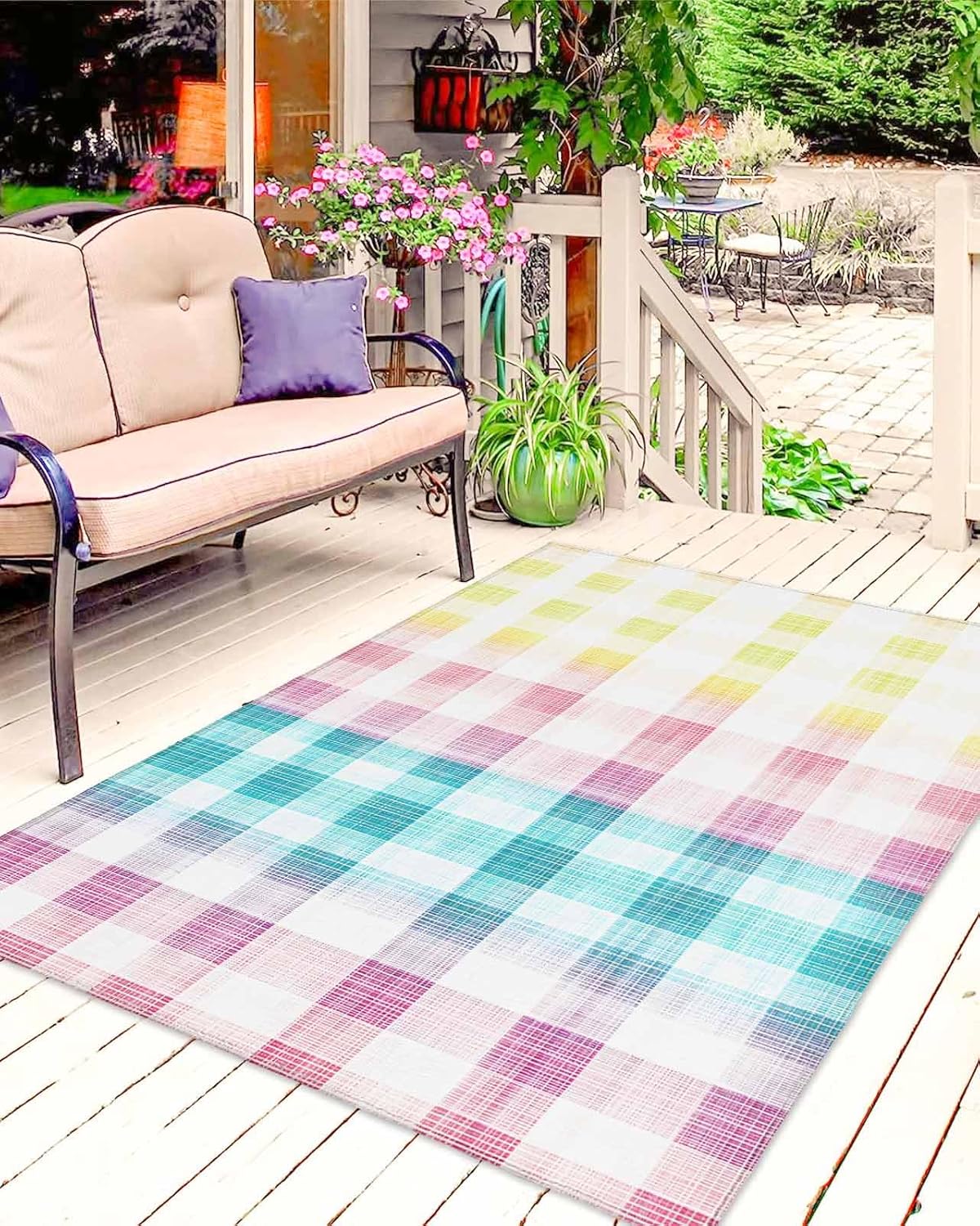 Easter Outdoor Rug 4x6 ft Buffalo Plaid Outdoor Large Area Rug Non Slip Rubber Easter Colorful Checkd Front Door Mat RV Rug Camping Carpet Patio Outdoor Rugs for Backyard Balcony Indoor Spring Decor