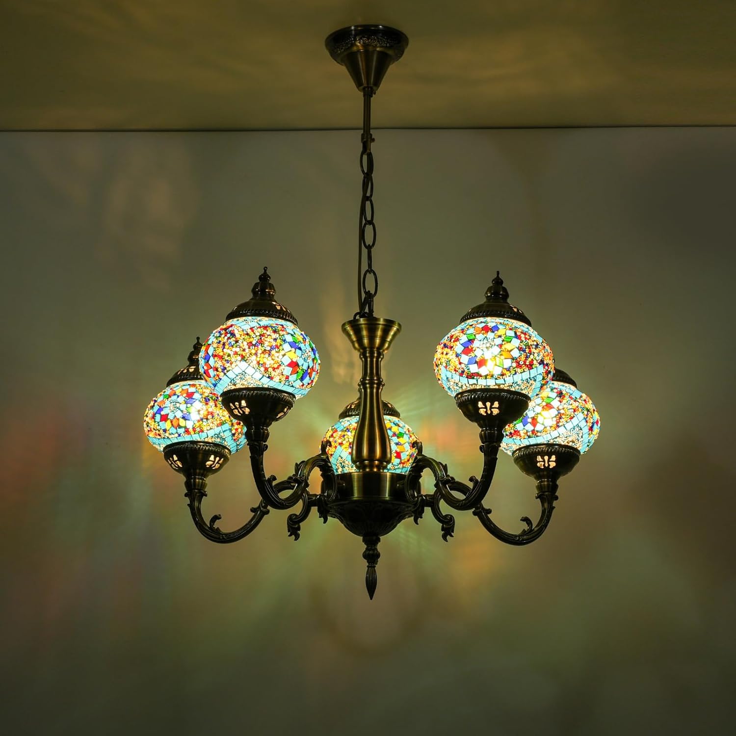 5-Globes Turkish Moroccan Pendant Hanging Light, Turkish Chandelier, Exquisite Tiffany Style Mosaic Ceiling Lamp for Bedroom, Living Room Home Decor Ambient Lighting (PL5130-HX1)