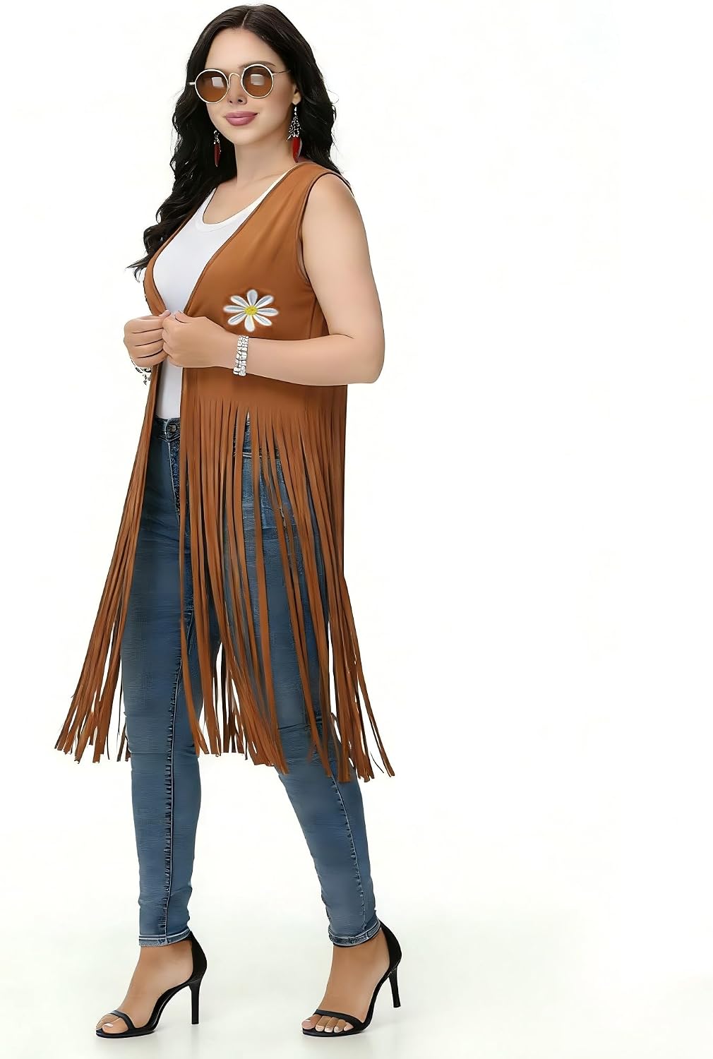 60s 70s Hippie Costume for Women, Lightweight Fringe Vest with Sunglasses Earrings Boho Outfits Disco Party Halloween
