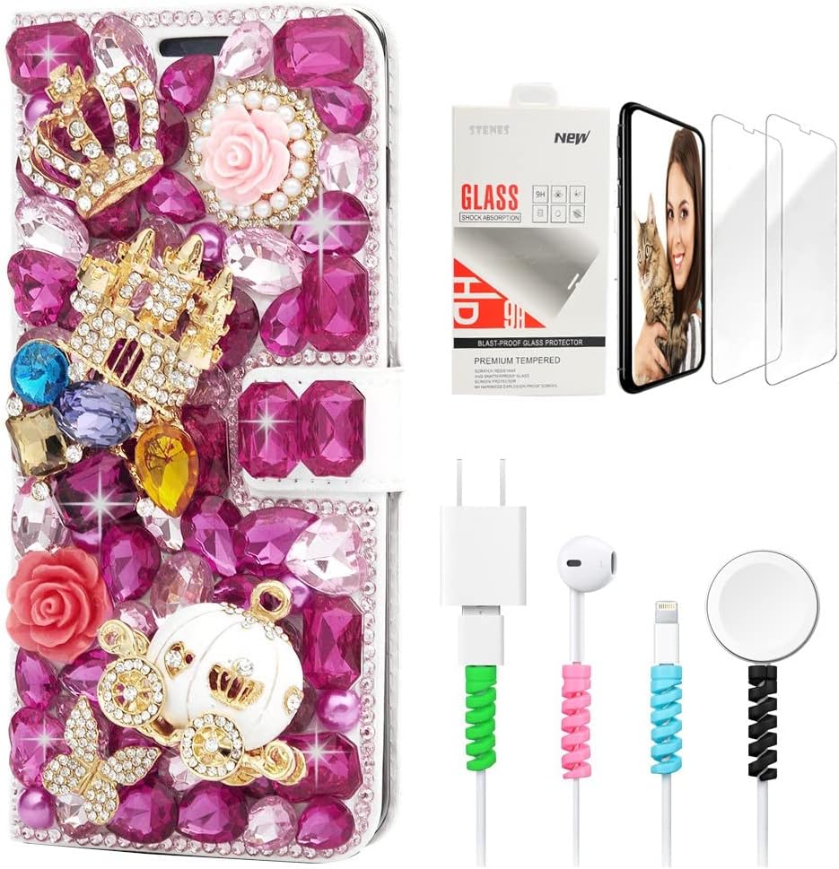 STENES Bling Wallet Phone Case Compatible with Moto G Play 2021 Case - Stylish - 3D Handmade Crystal Unicorn Star Bowknot Wallet Leather Cover with Screen Protector & Cable Protector - Fantasy