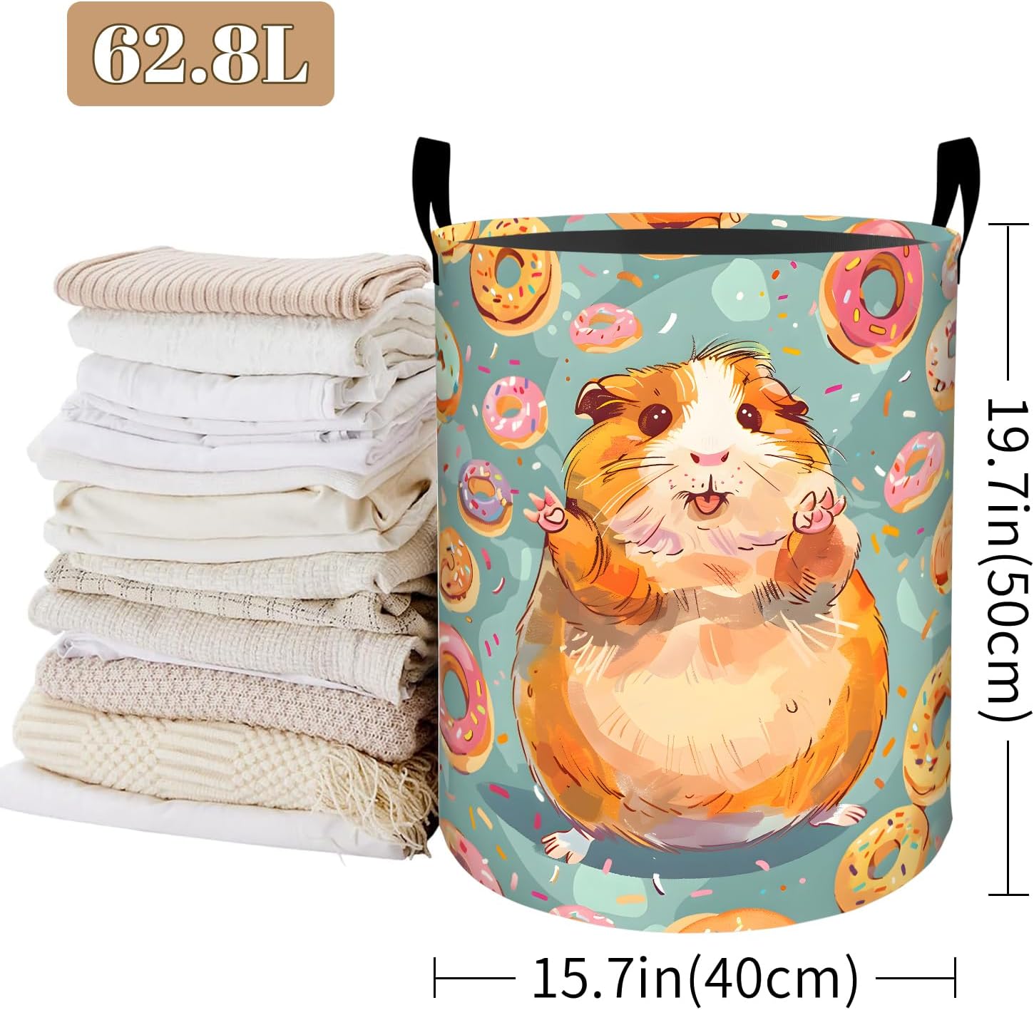 Cute Hamster Laundry Basket, Funny Donut Design Foldable Oxford Cloth, Waterproof Dirty Clothes Hamper with Handles, Clothing Storage Bucket Toy Organizer for Bathroom Bedroom Dorm, 19.7"x15.7"