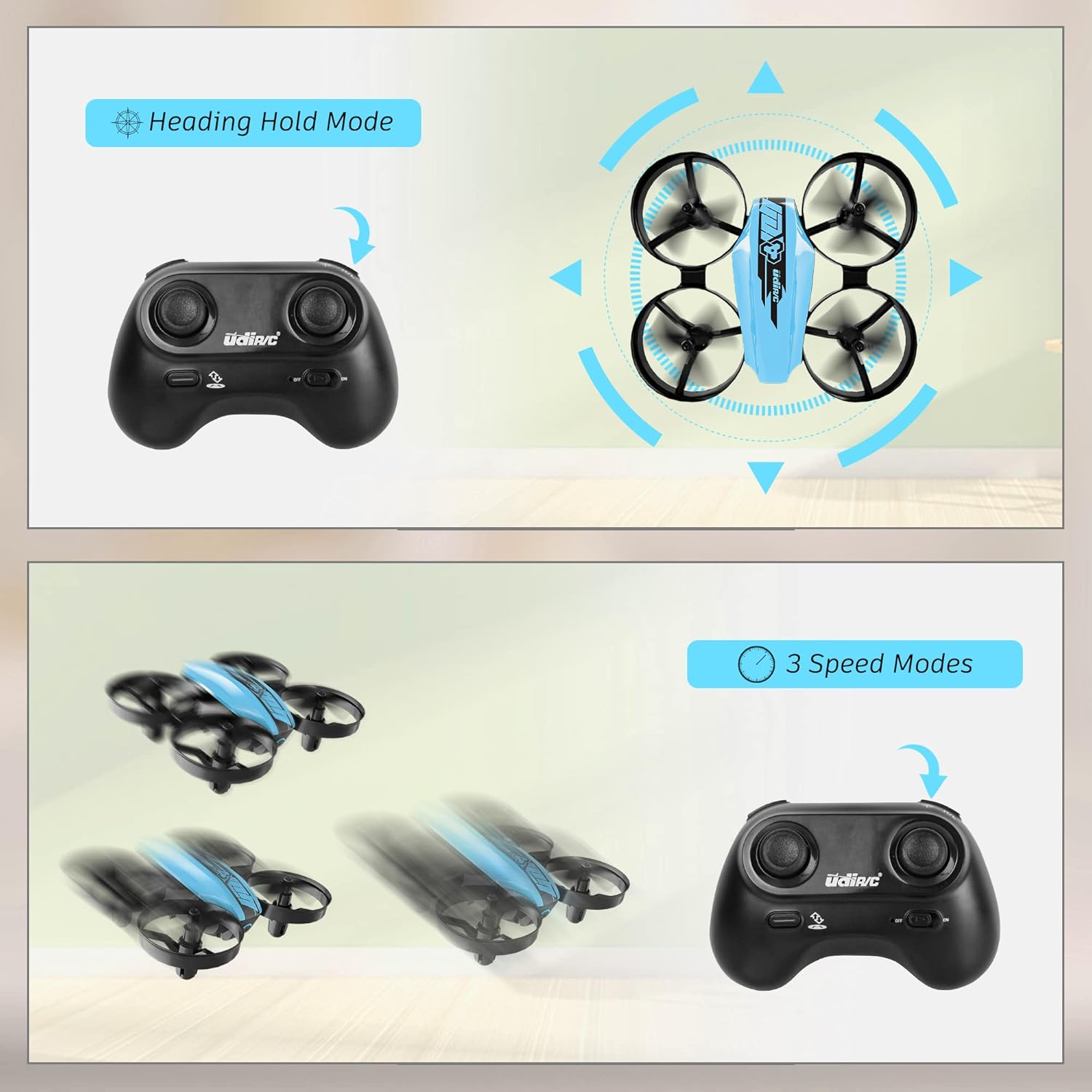 Remote controller with an arrow pointing to the headless mode button, and a drone with arrows indicating movement in headless mode