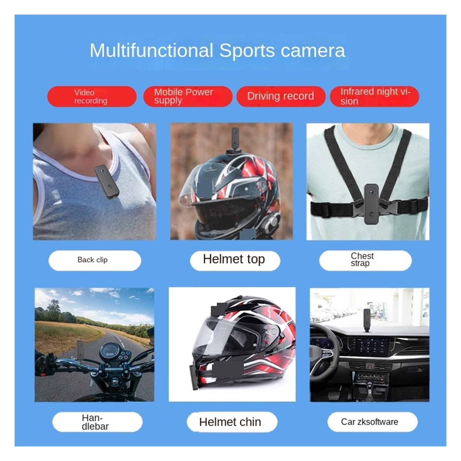 Fotocamera for Bici da Bicicletta Sportiva Giro in Moto Registratore Vocale delle Forze Ordine Panorama Helmet Fotocamera for Pesci Chiarezza Precisa(Cam ADD 64gb Card)