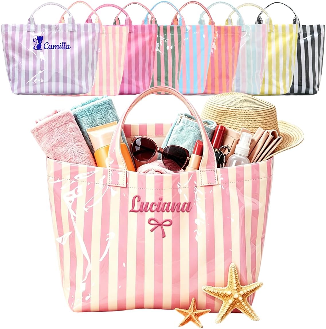 Personalized Jelly Striped PVC Tote Bag for Women, Custom Waterproof Stylish Plastic Glossy Bag for Beach Pool Large Plaid Letters Print Hobo Handbag for Summer Vacation Travel, Girls Trip Gift