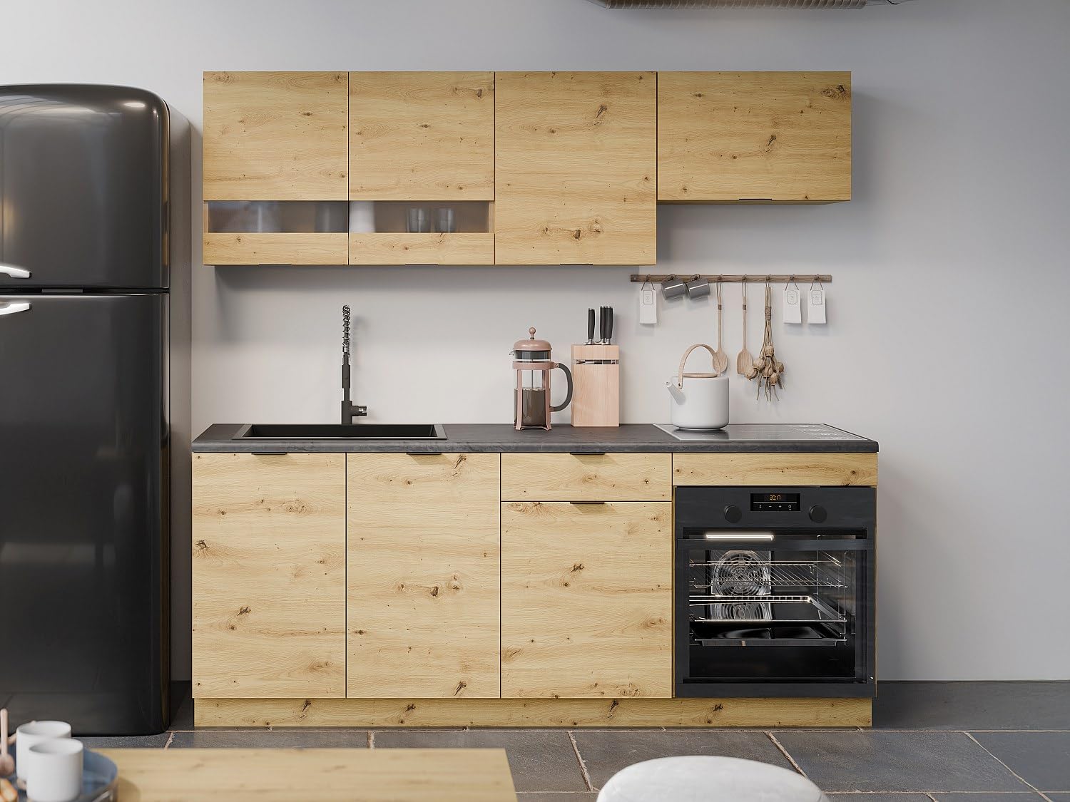 Vente-unique - Cuisine compléte - avec Plan de Travail 200 cm - Naturel et Anthracite - CARMEO