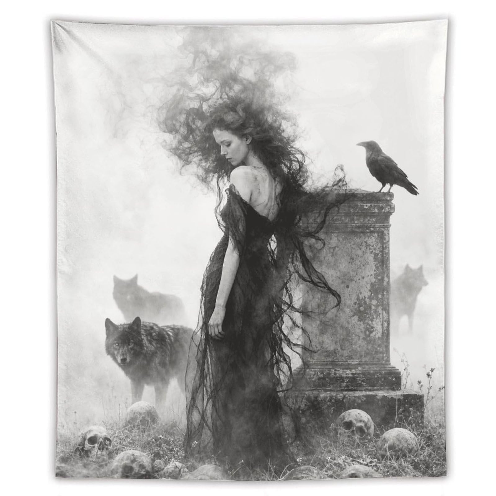 H3B8U2Y5 Raven Woman with Black Cat Wall Tapestry, Sepia Gothic