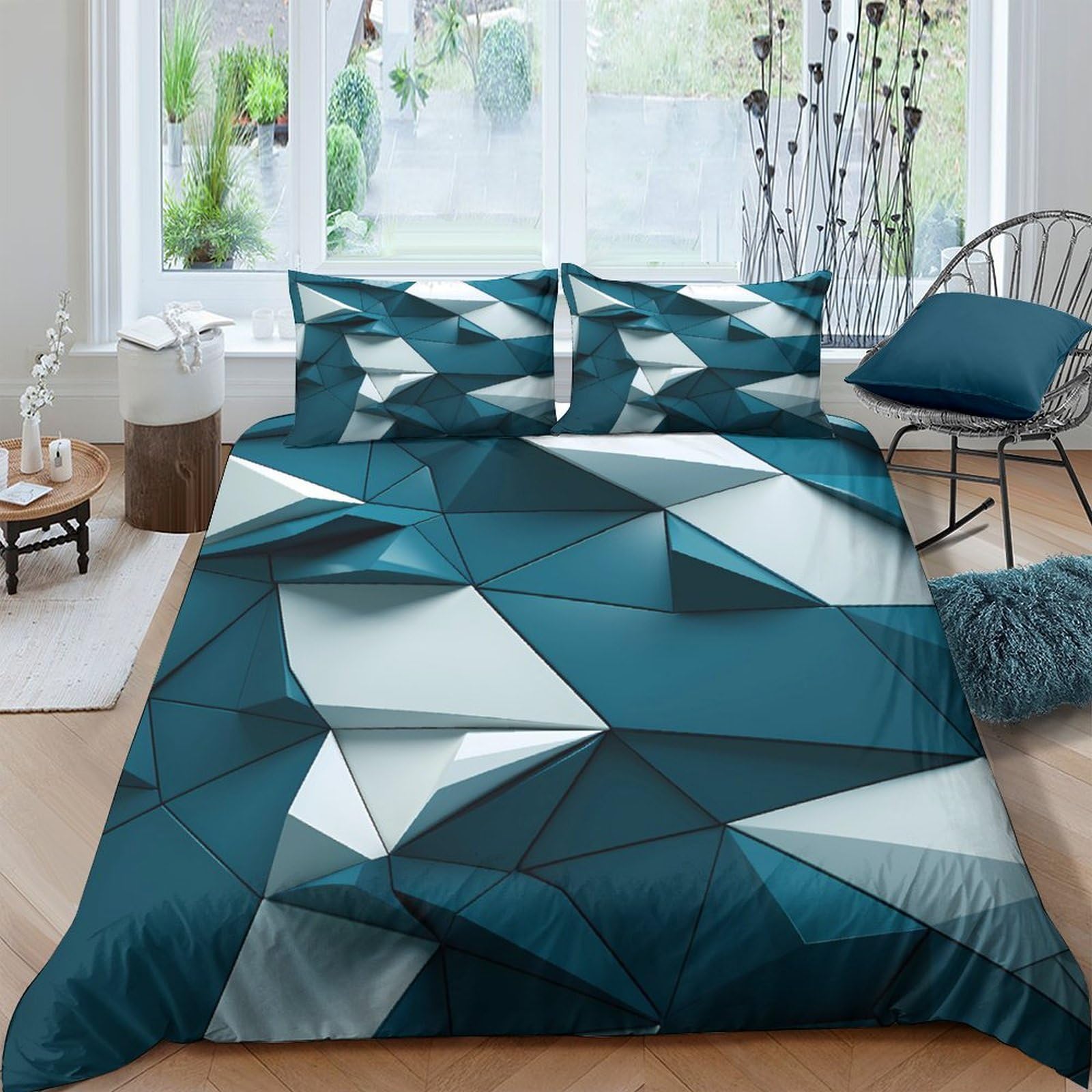 Ctjqhvkz Style-3 3D Printed Teal Geometric Pattern Fitted Sheet Microfiber Soft Breathable Abstract Bed Cover For Bedroom Guest Room Mattress Protection Single（135X200cm）
