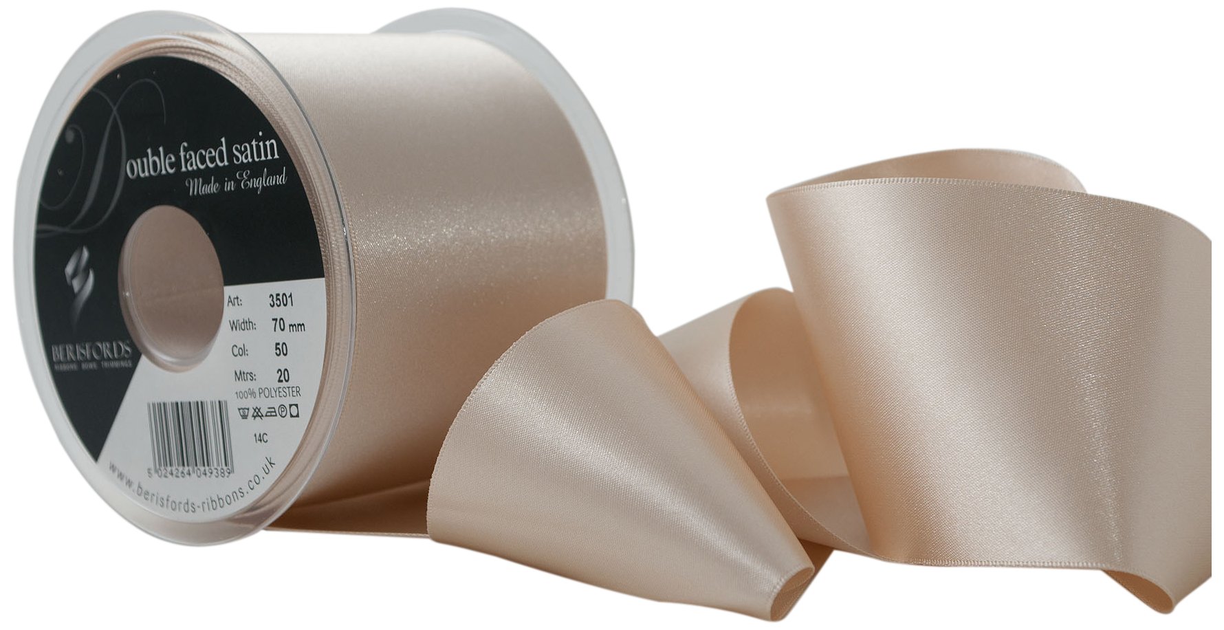 Berisfords 70 mm Double Faced Polyester Satin Ribbon, Cream