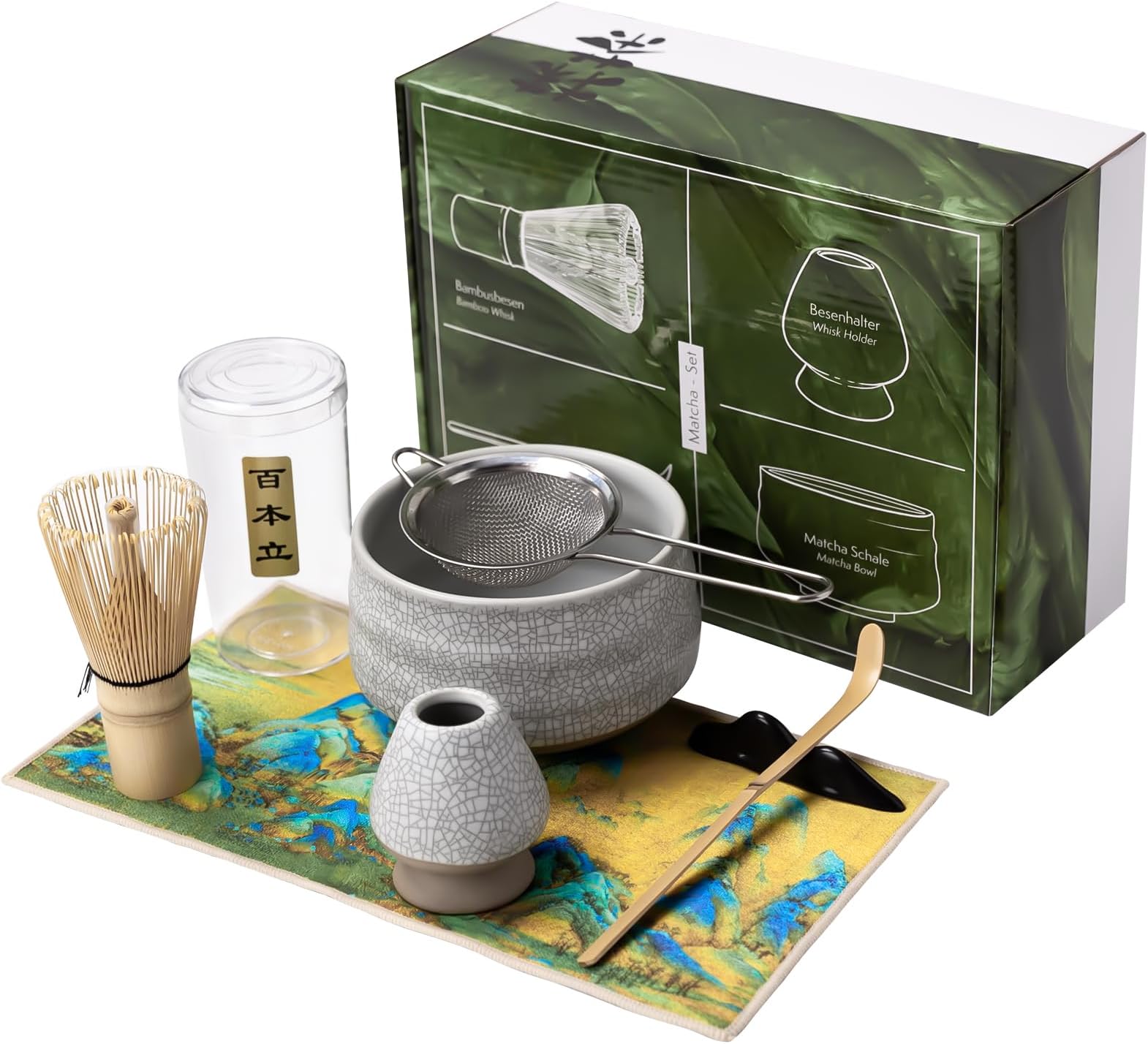 Japanese Matcha Tea Set, 7Pcs Matcha Whisk Set with Matcha Bowl, Matcha Bamboo Whisk, Scoop, Whisk Holder, Stainless Steel Tea Sifter, Tea Making Kit