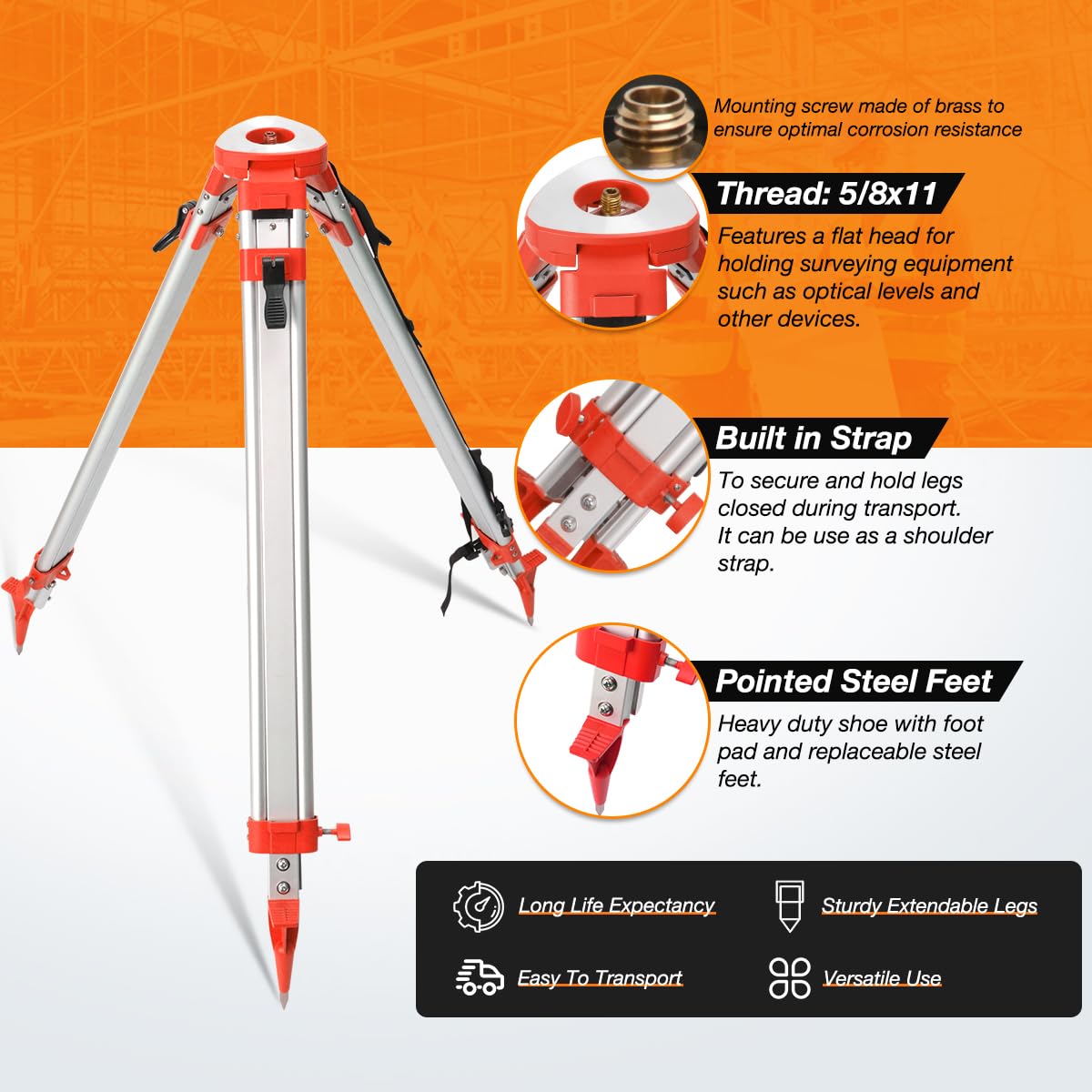 Surveying Tripod Aluminum Survey Tripod With 58-Inch 11-Threaded Flat Head Quick Clamp for Total Station Theodolite Auto level AT10 product thumbnail 4